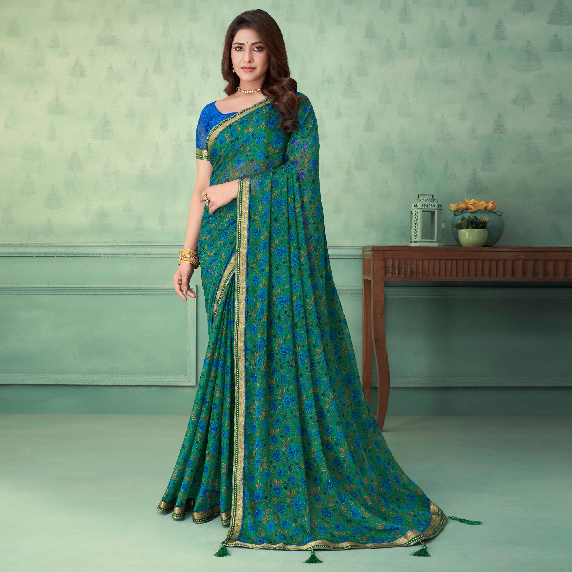 Green sarees – BlackTree green-floral-printed-chiffon-saree-with-lace-border