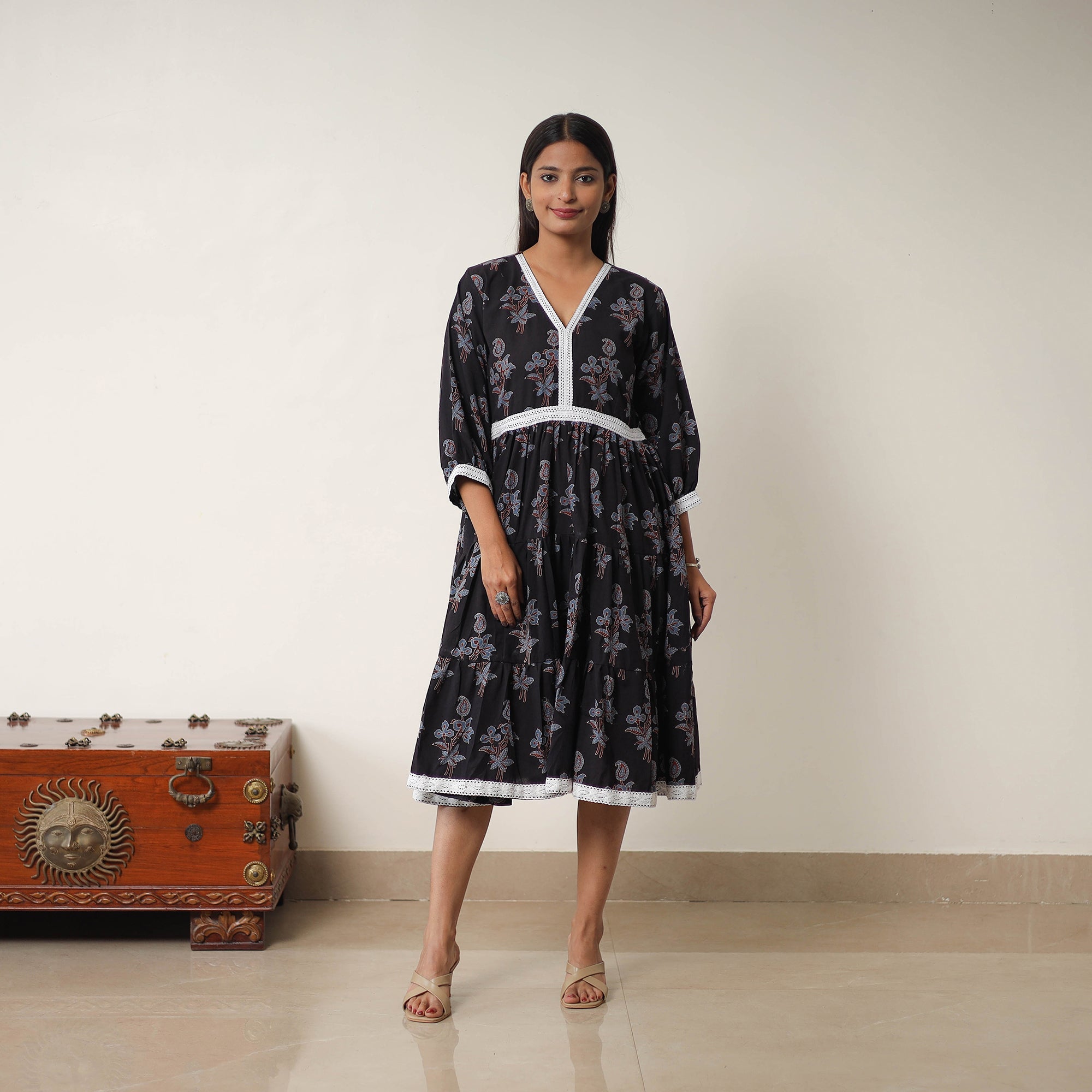 ITOKRI CASUALS Black - Hand Block Print Cotton Tiered Ajrakh Dress 18 - view 2