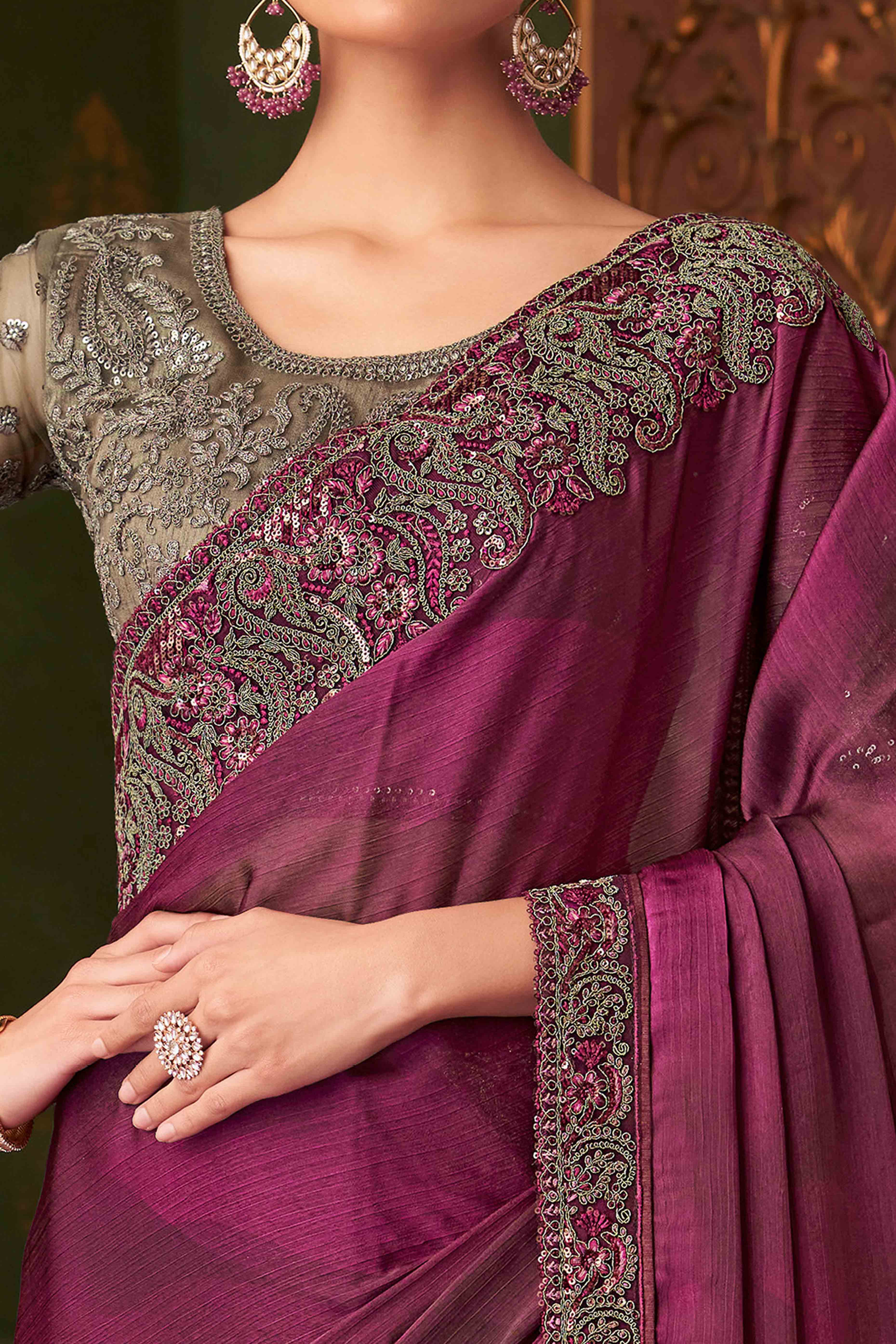 Peachmode Magenta Sequins Embroidered Chiffon Saree - view 2