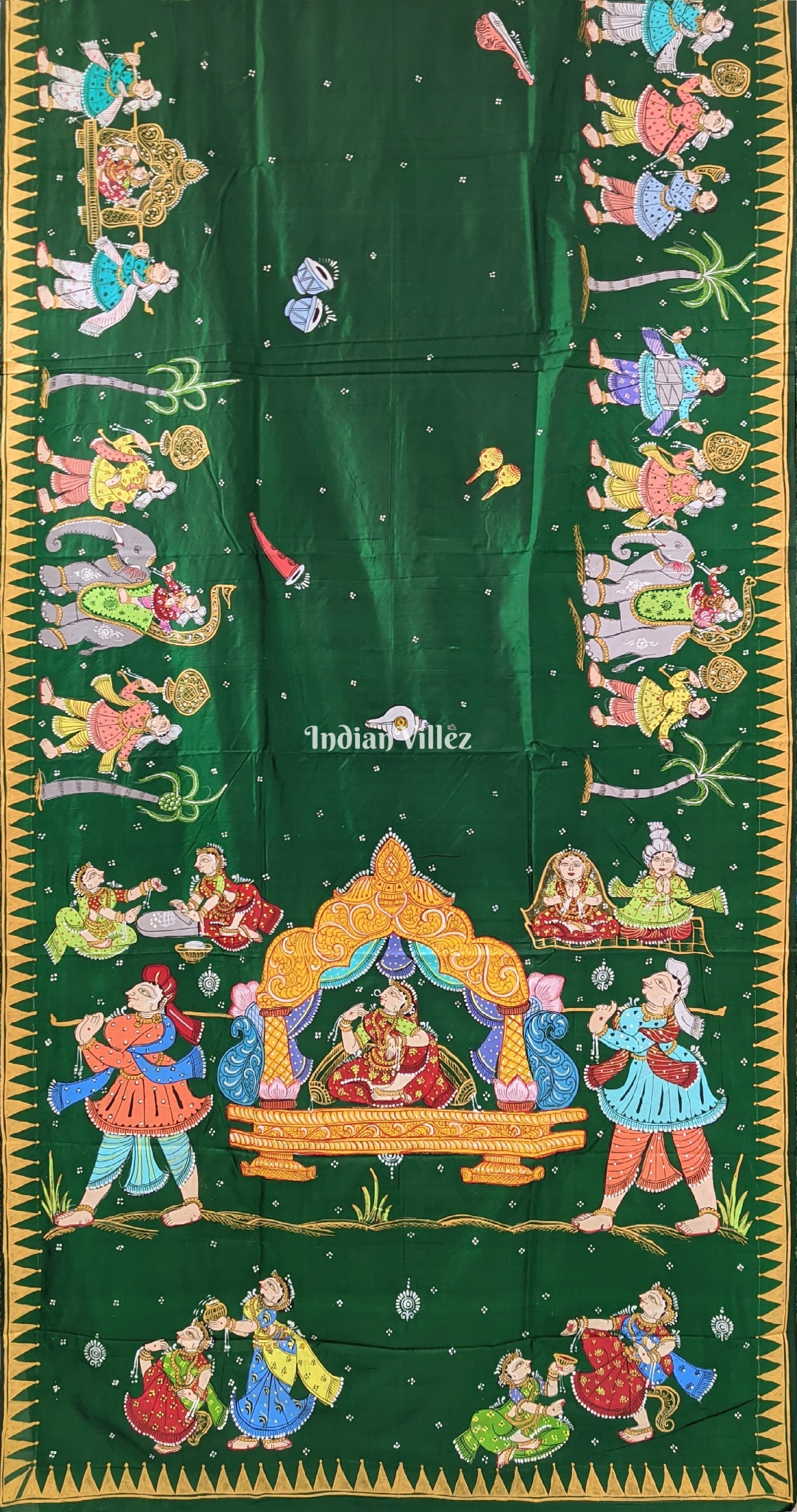 IndianVillèz Green Doli Barat Theme Hand-Painted Pattachitra Saree (Pre Order)