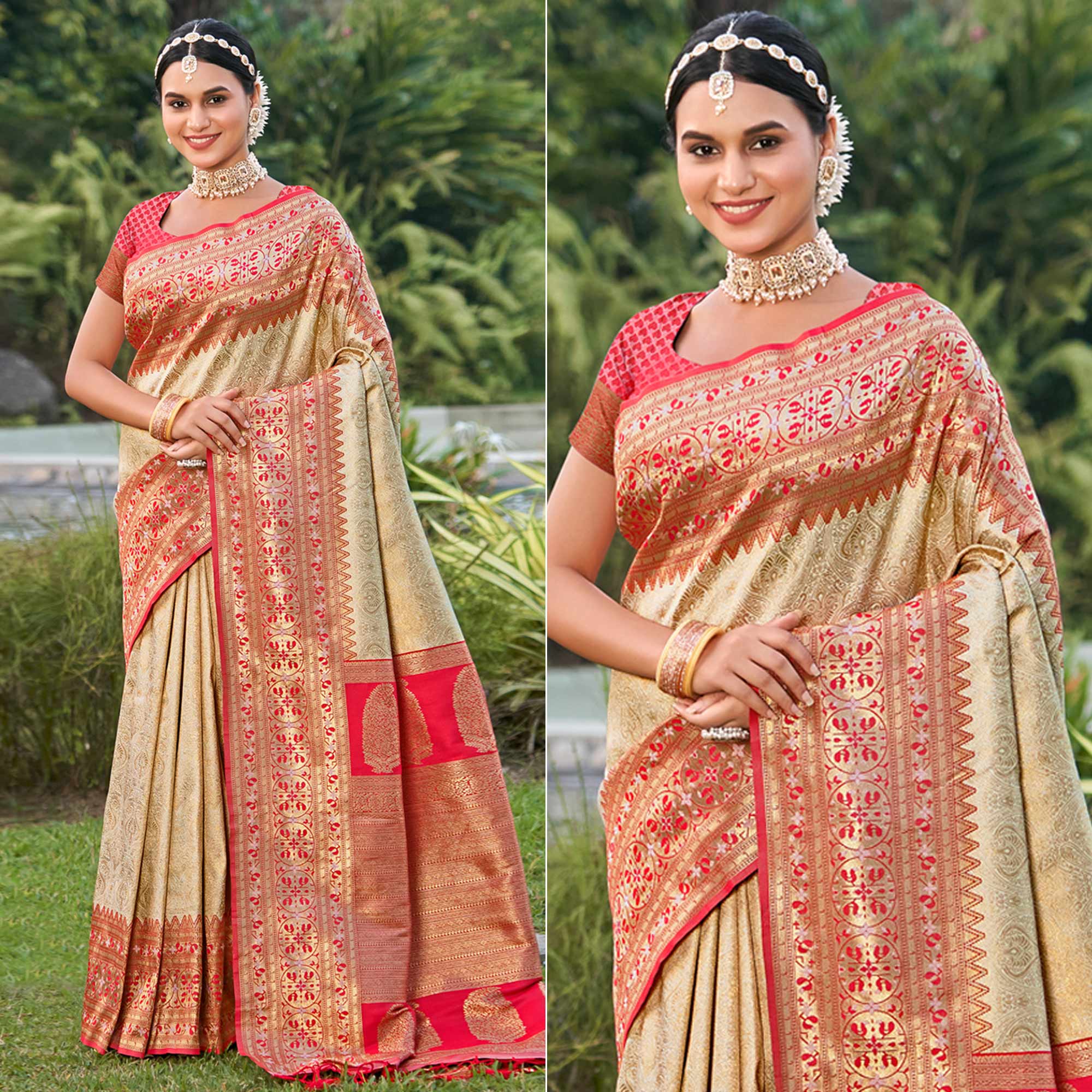 Peachmode Cream Woven Kanjivaram Silk Saree With Tassels