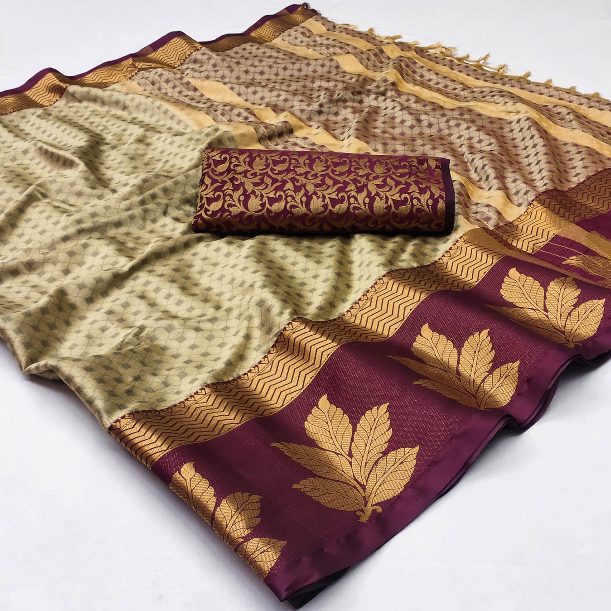Peachmode Chikoo Woven Cotton Silk Saree With Tassels