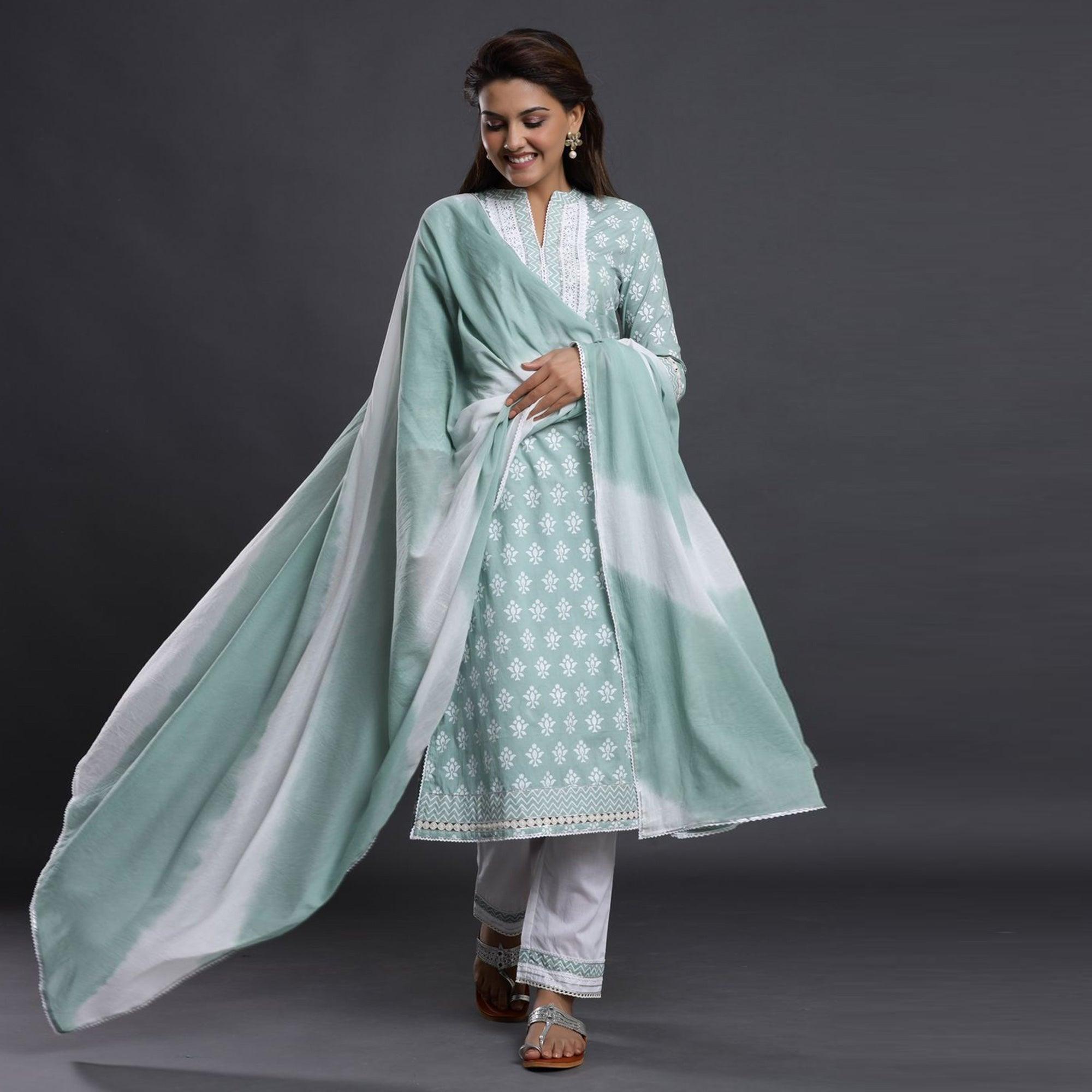 Peachmode Light Blue Casual Wear Printed Cotton Kurti - Pant Set With Dupatta - view 2