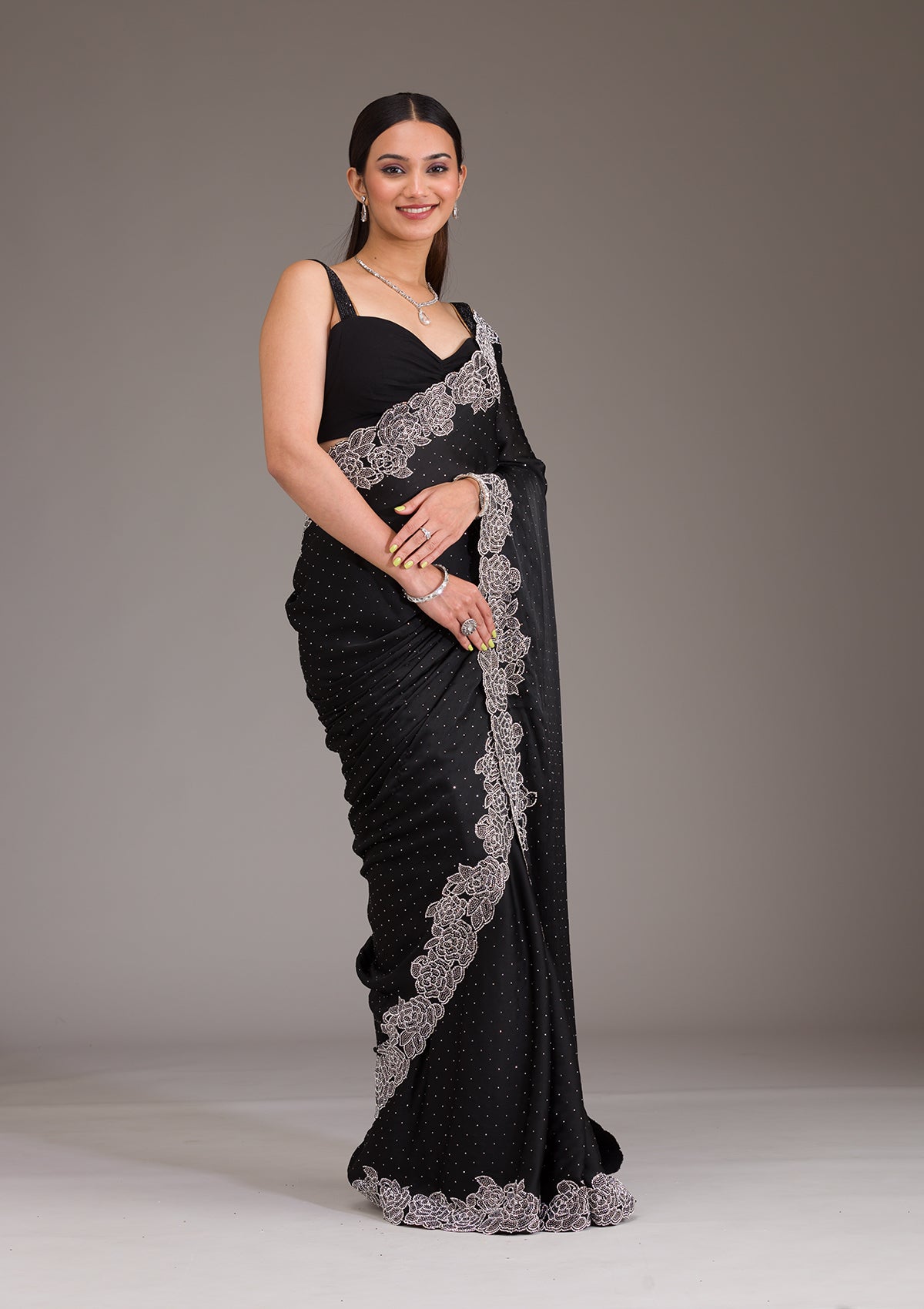 Koskii Black Swarovski Satin Saree – Women's - view 8
