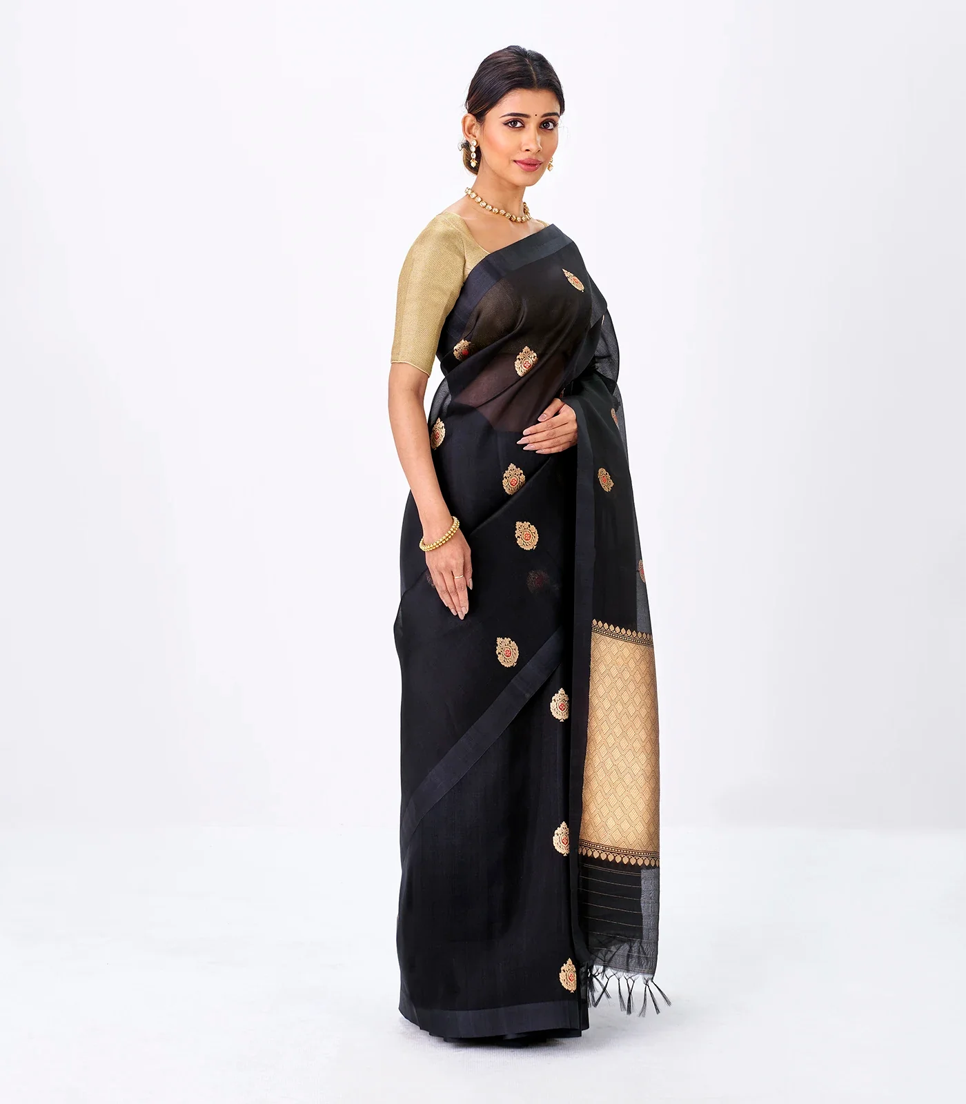 RmKV Midnight Blue Banarasi Organza Silk Saree With Floral Motifs - view 3