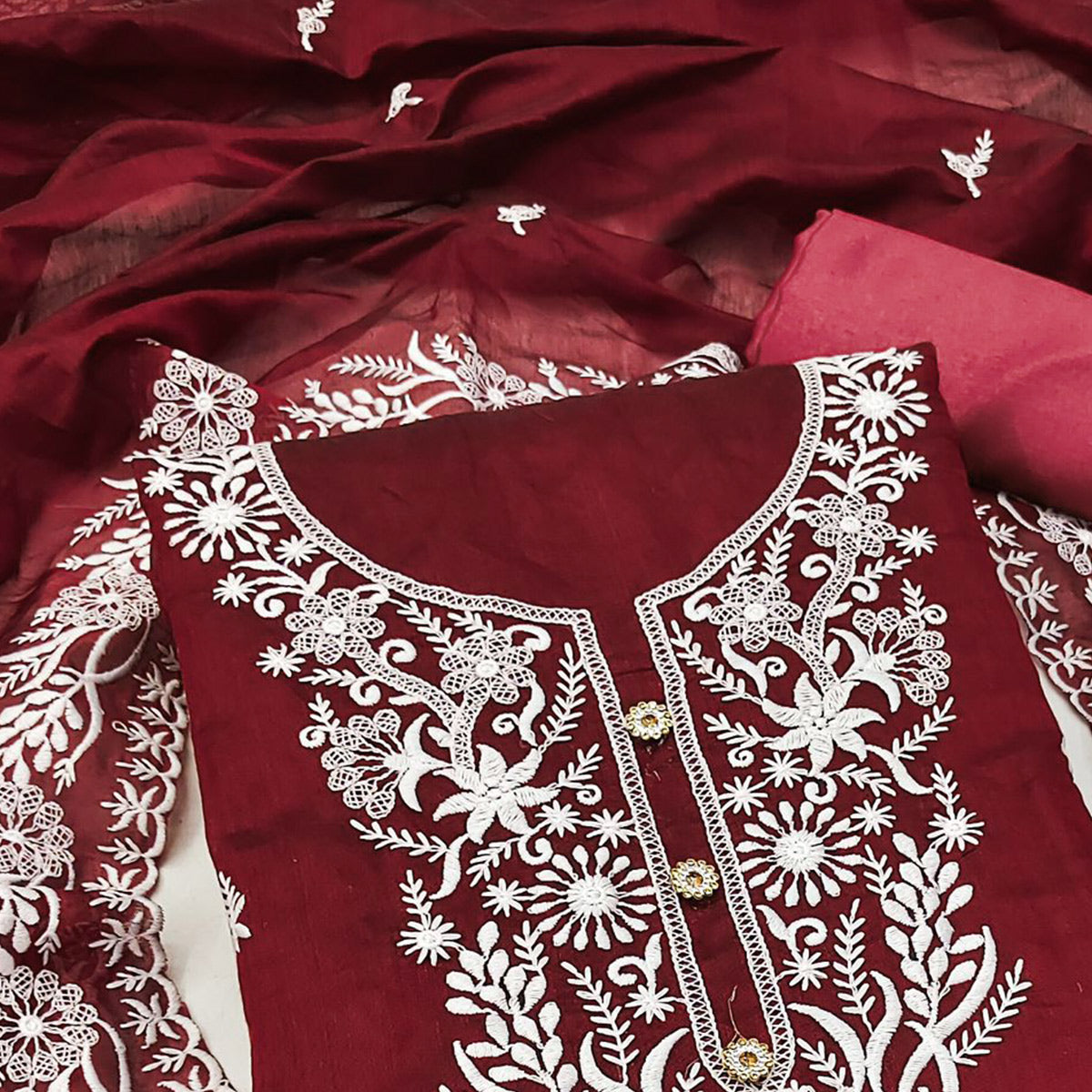 Peachmode Maroon Floral Embroidered Chanderi Dress Material - view 2