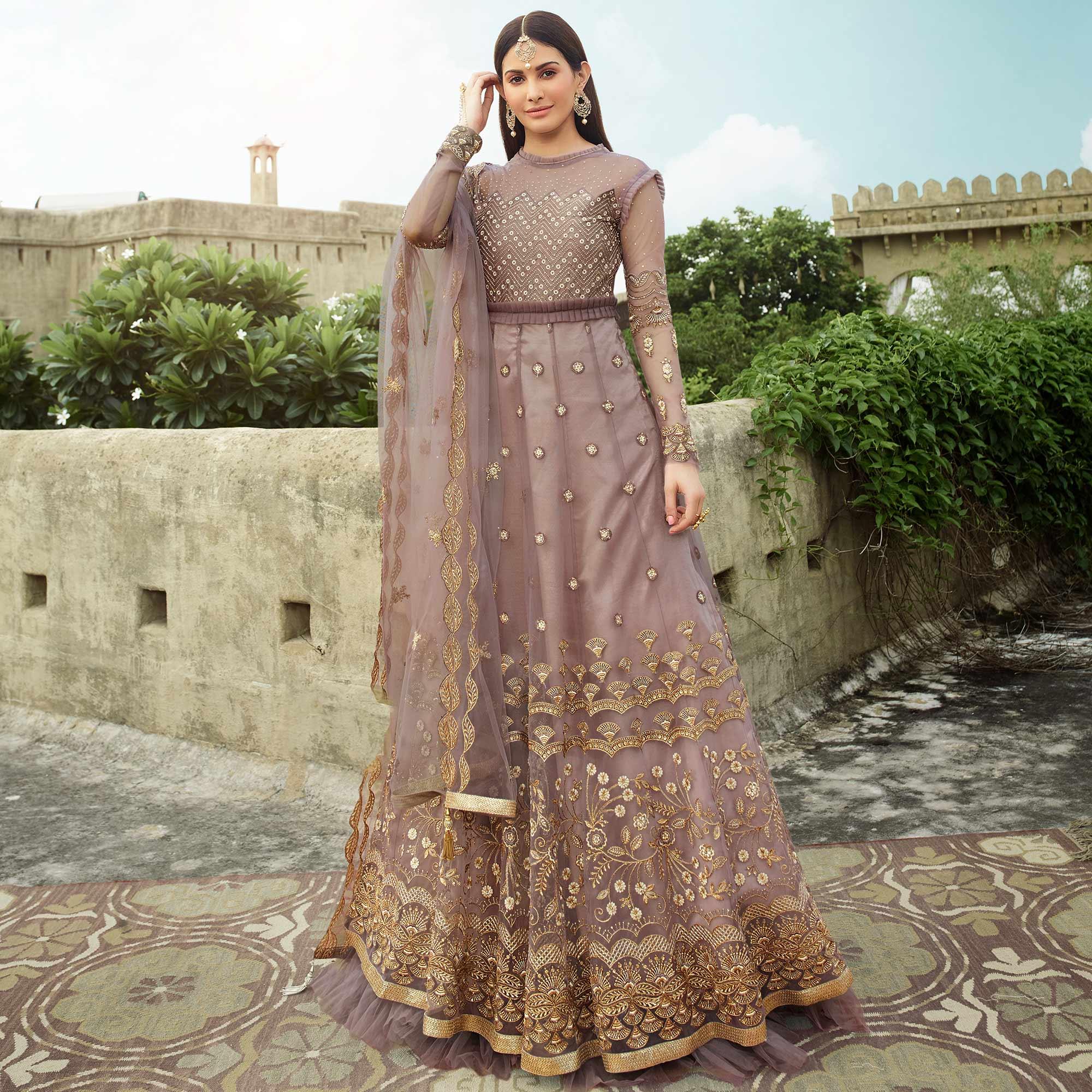 Peachmode Jazzy Mauve Coloured Partywear Embroidered Net Anarkali Suit