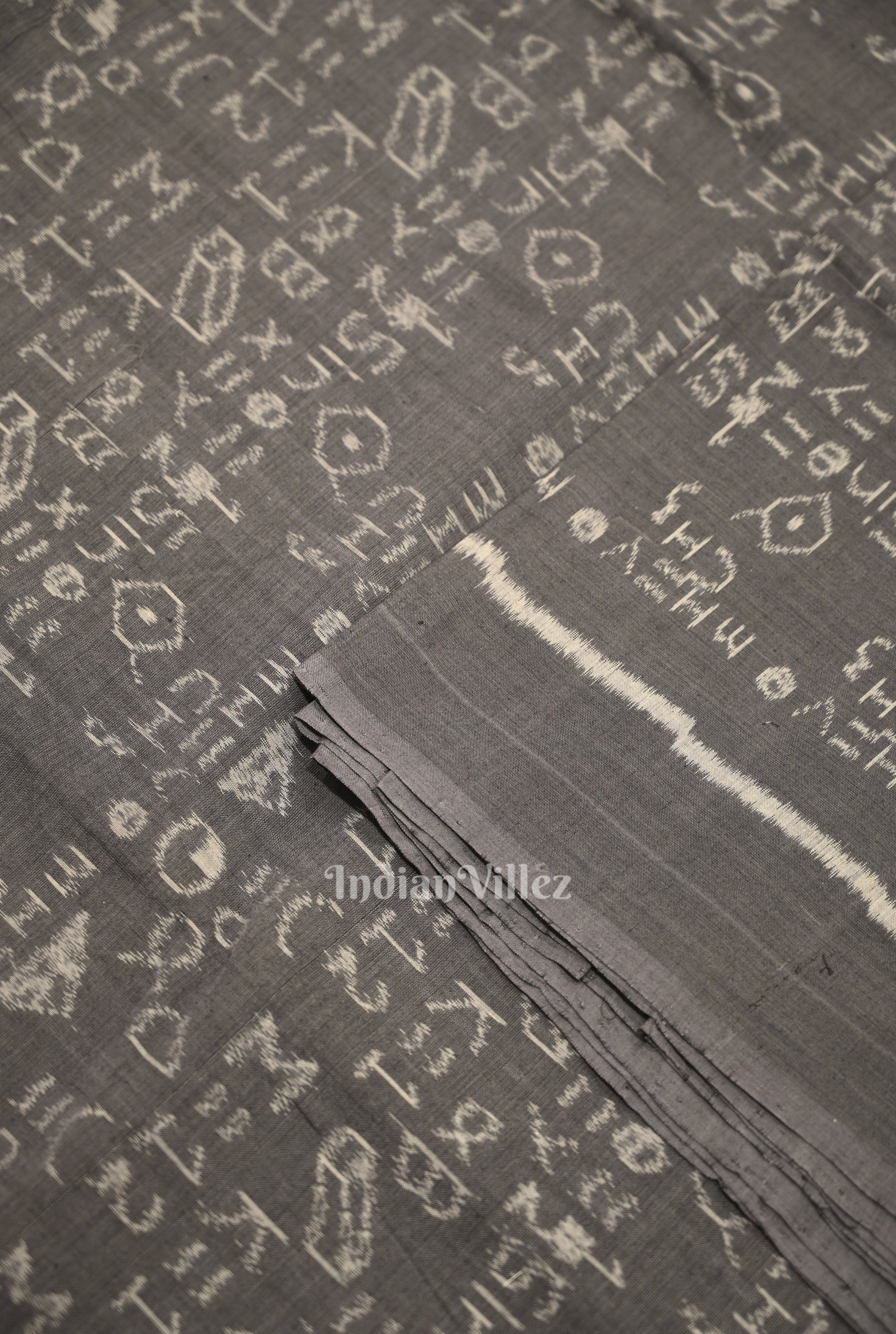 IndianVillèz Ash Gray Geometry Theme Odisha Ikat Sambalpuri Cotton Fabric - view 2