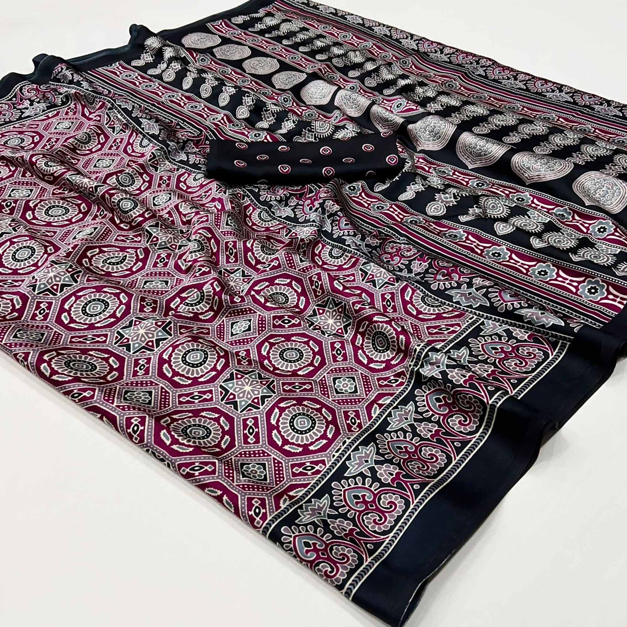 Peachmode Magenta Printed Crepe Saree – Women's