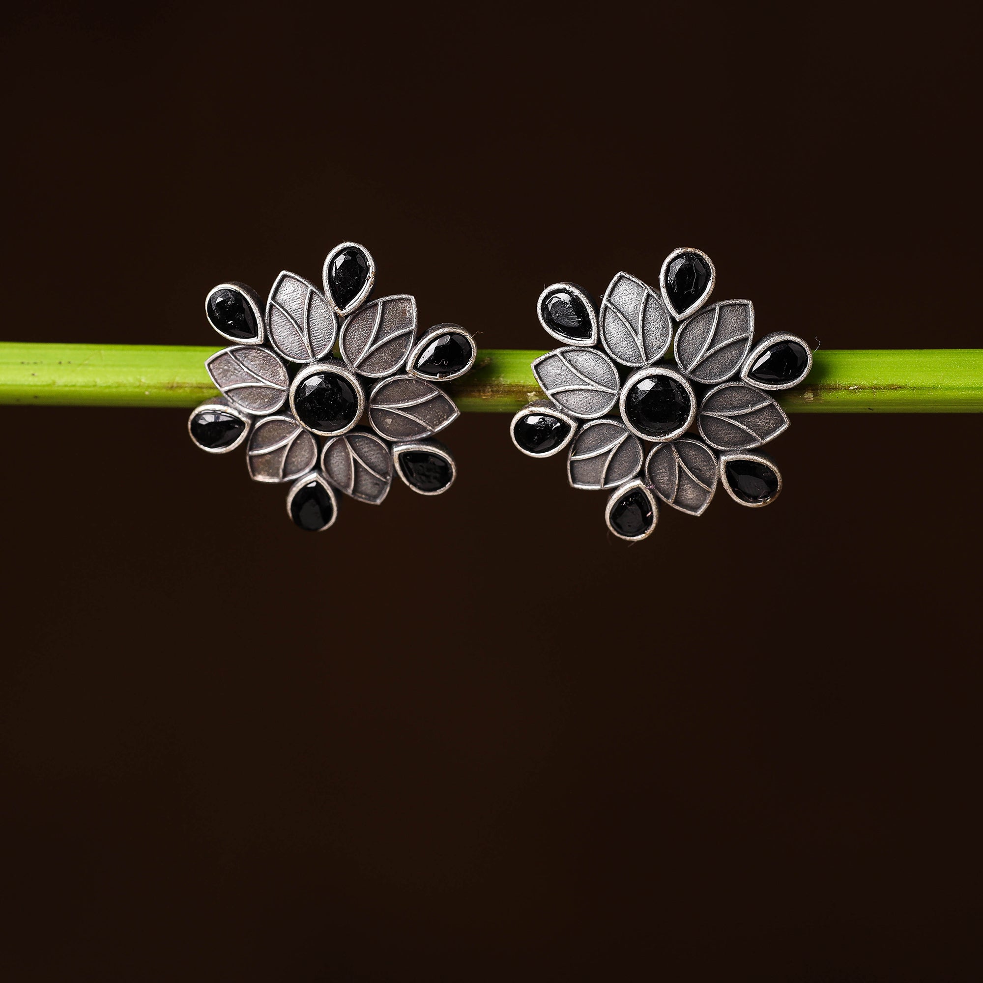 WHITE RIVER STORIES Antique Silver Finish Oxidised Brass Base Stone Work Stud Earrings