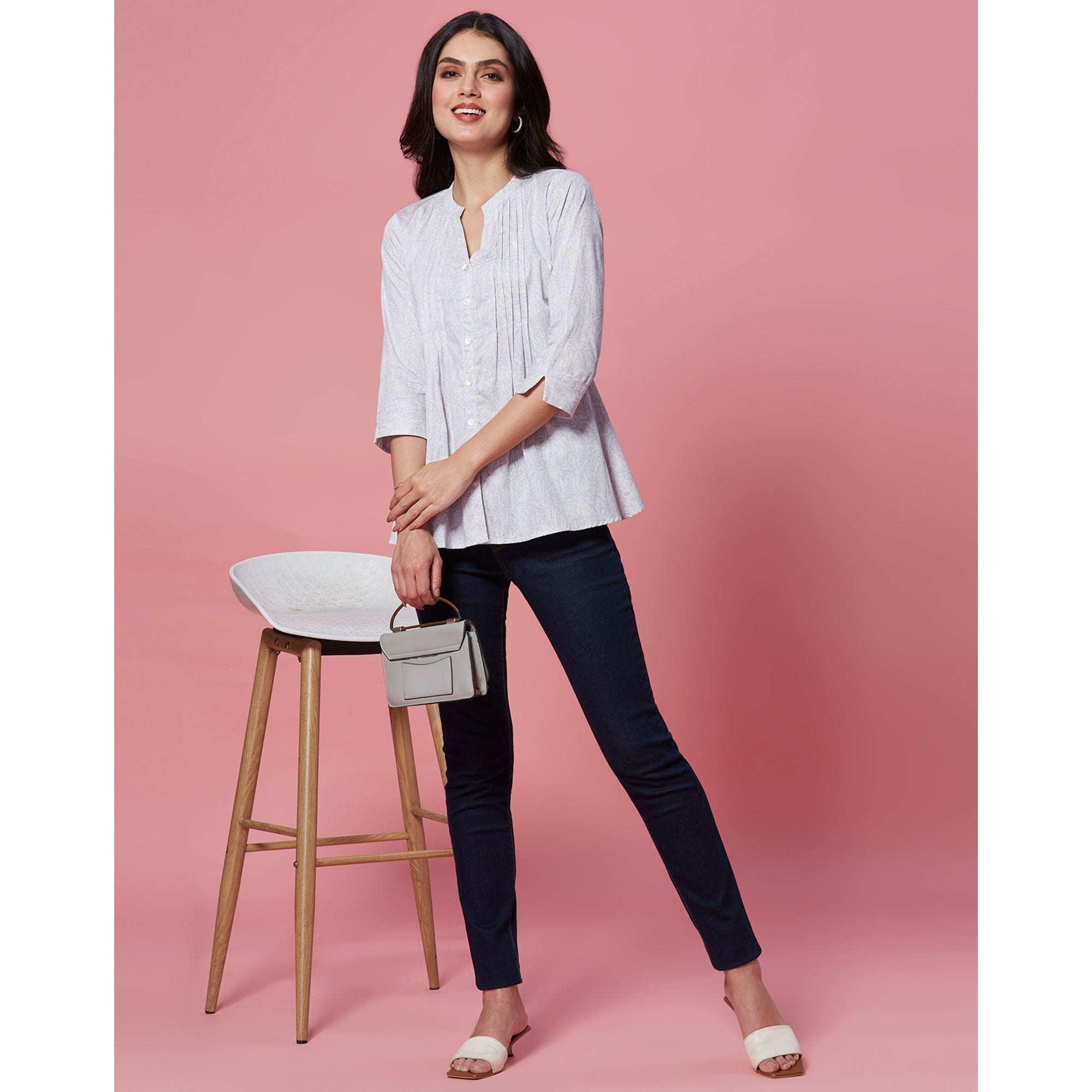 Peachmode White Printed Pure Cotton A-Line Top - view 7