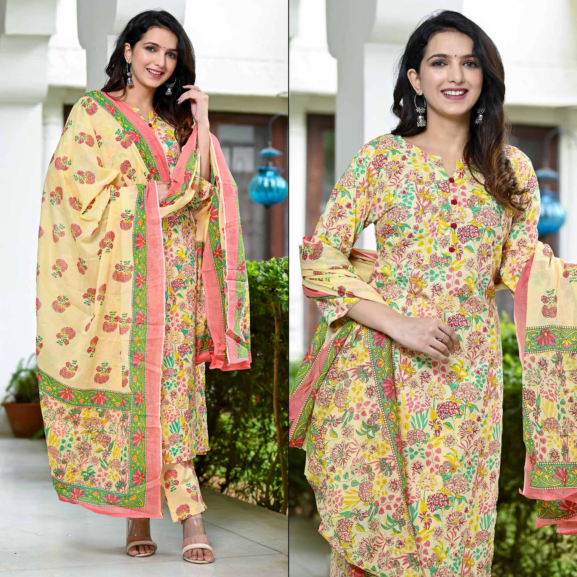 Peachmode Cream Floral Printed Pure Cotton Salwar Suit