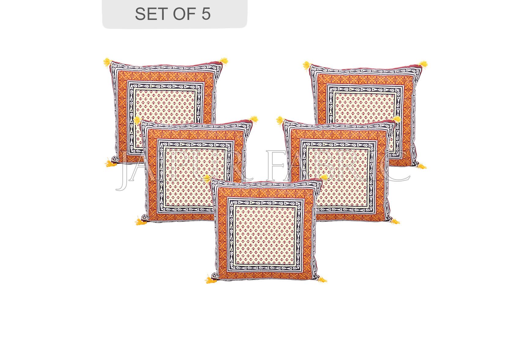 JaipurFabric® Orange Jaipuri Block Golden Print Cotton Cushion Cover