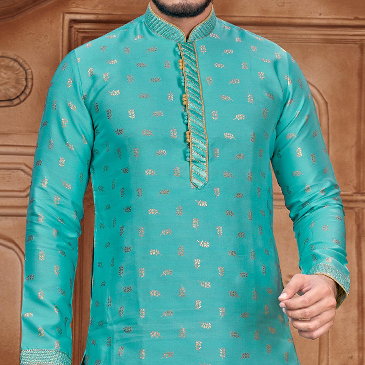 Peachmode Seller Blue Woven Jacquard Kurta Pyjama Set - view 3