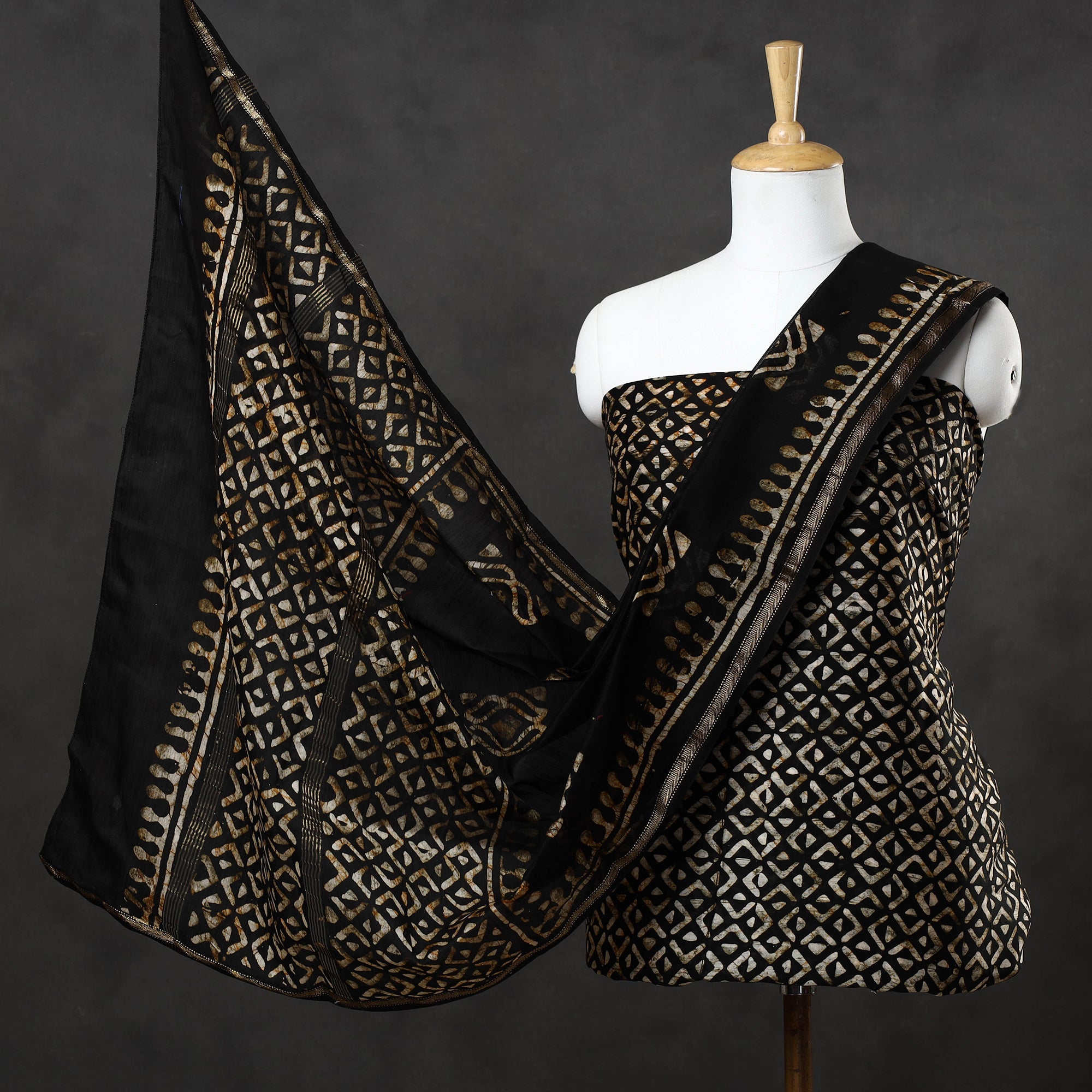 BATIK BY MD. SHARIFF Black - 3pc Chanderi Silk Hand Batik Print Dress Material