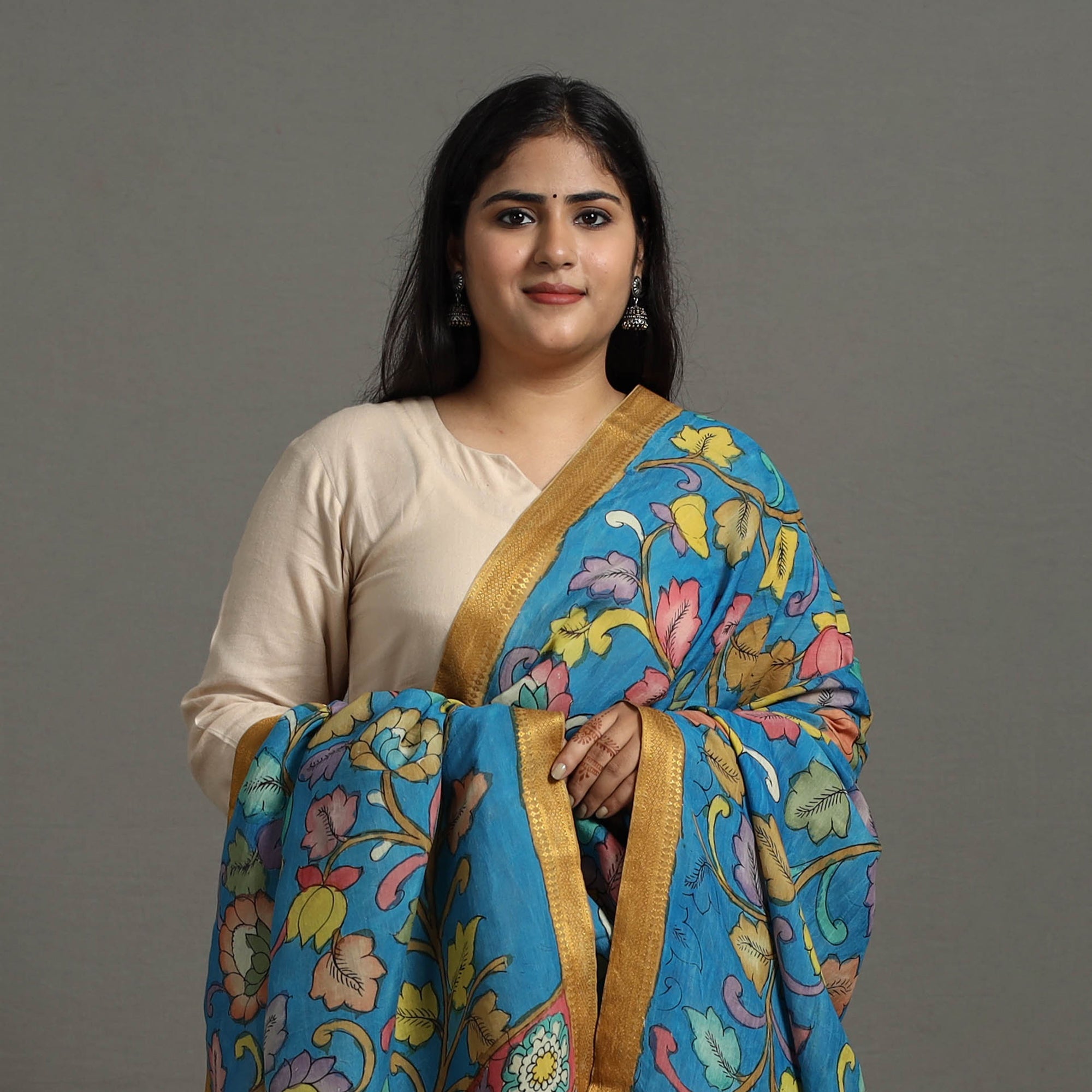 SOUTH KARGHA Blue - Chanderi Silk Srikalahasti Handpainted Pen Kalamkari Dupatta 55 - view 3