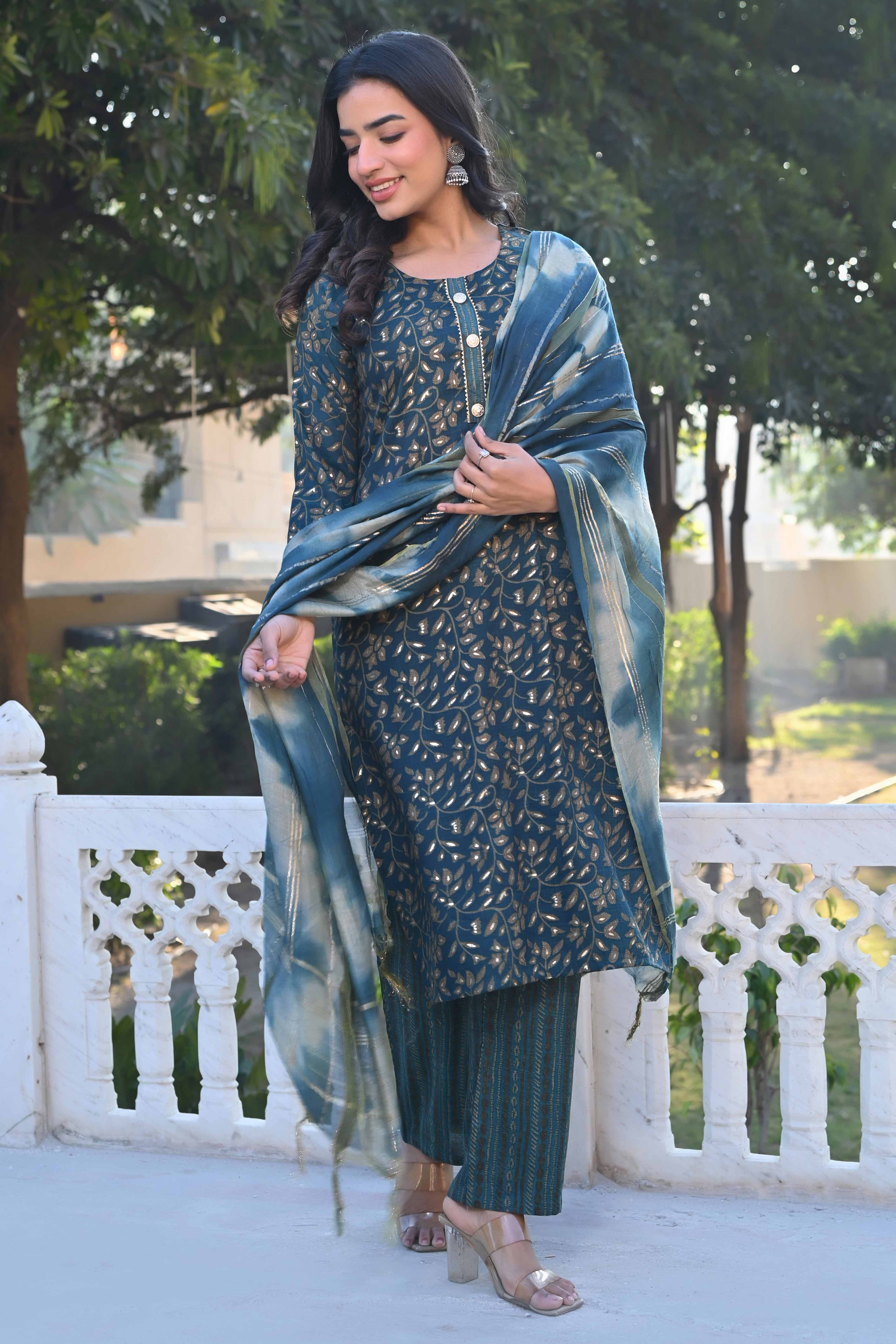 Peachmode Morpich Blue Floral Foil Printed Rayon Salwar Suit