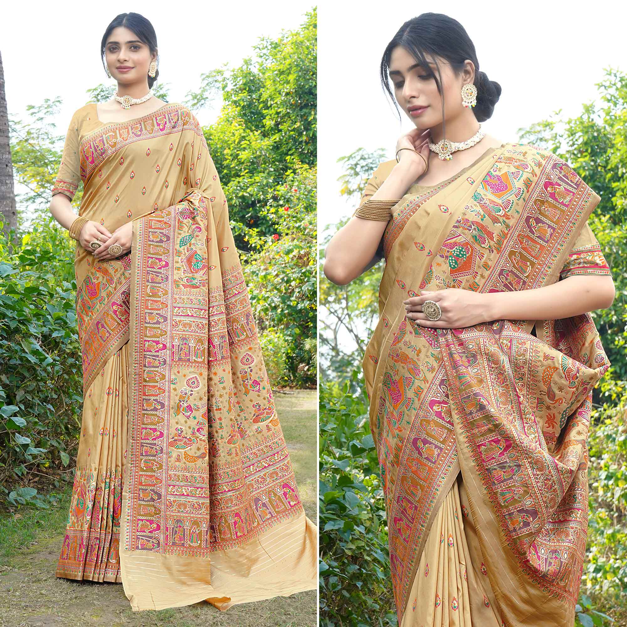 Peachmode Chikoo Woven Pure Silk Saree – Women's