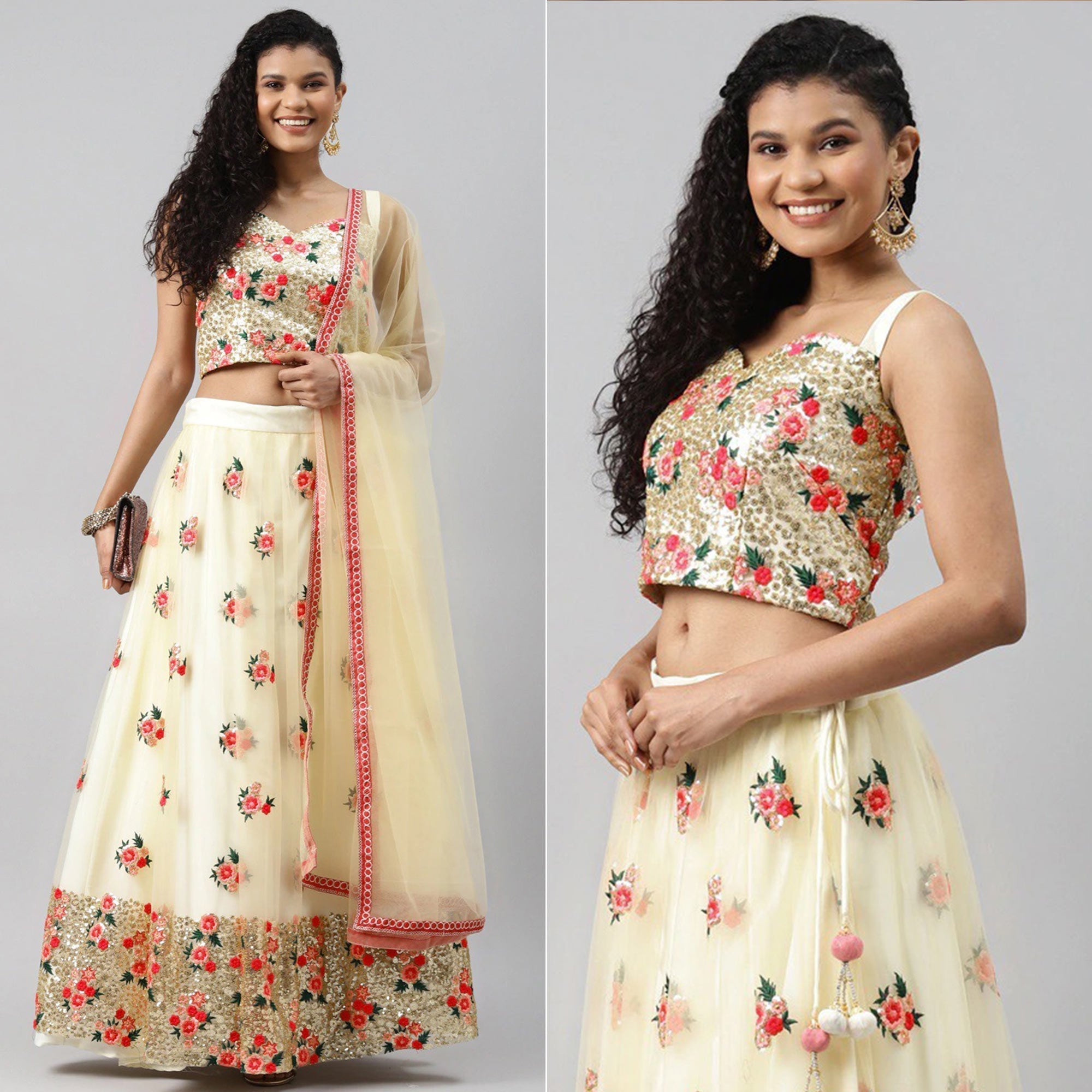 Peachmode Cream Floral Embroidered Netted Lehenga Choli