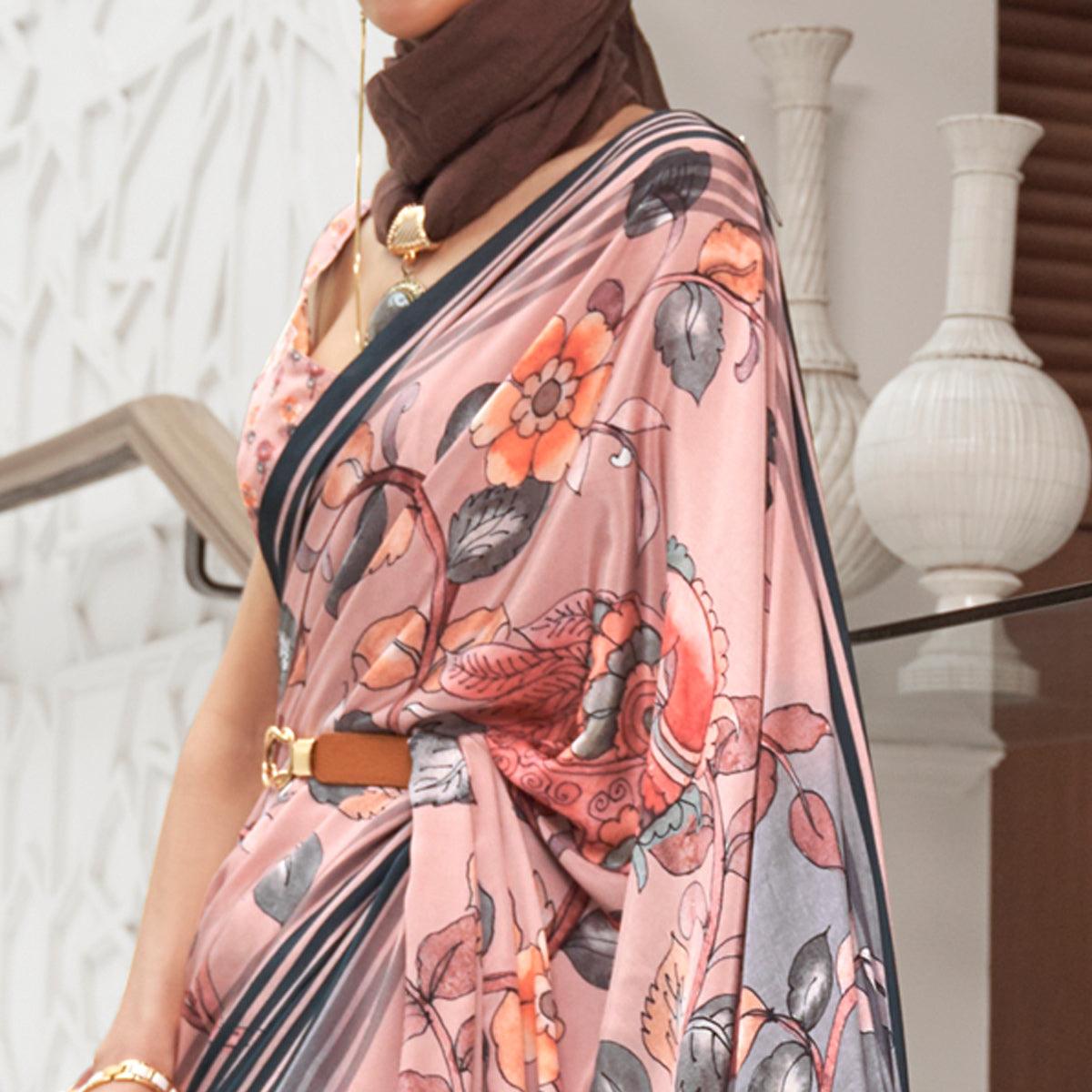Peachmode Light Pink Partywear Floral Digital Printed Silk Saree - view 2