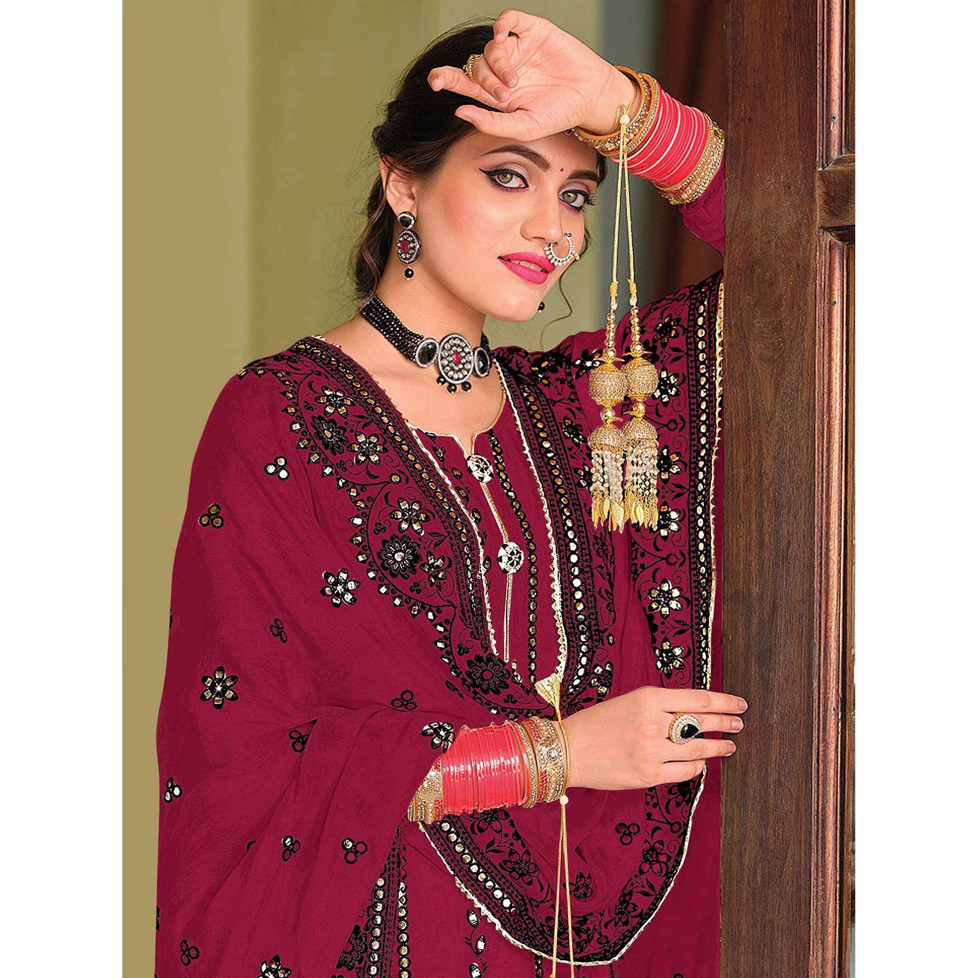 Peachmode Dark Red Partywear Designer Floral Embroidered Georgette Palazzo Suit - view 3