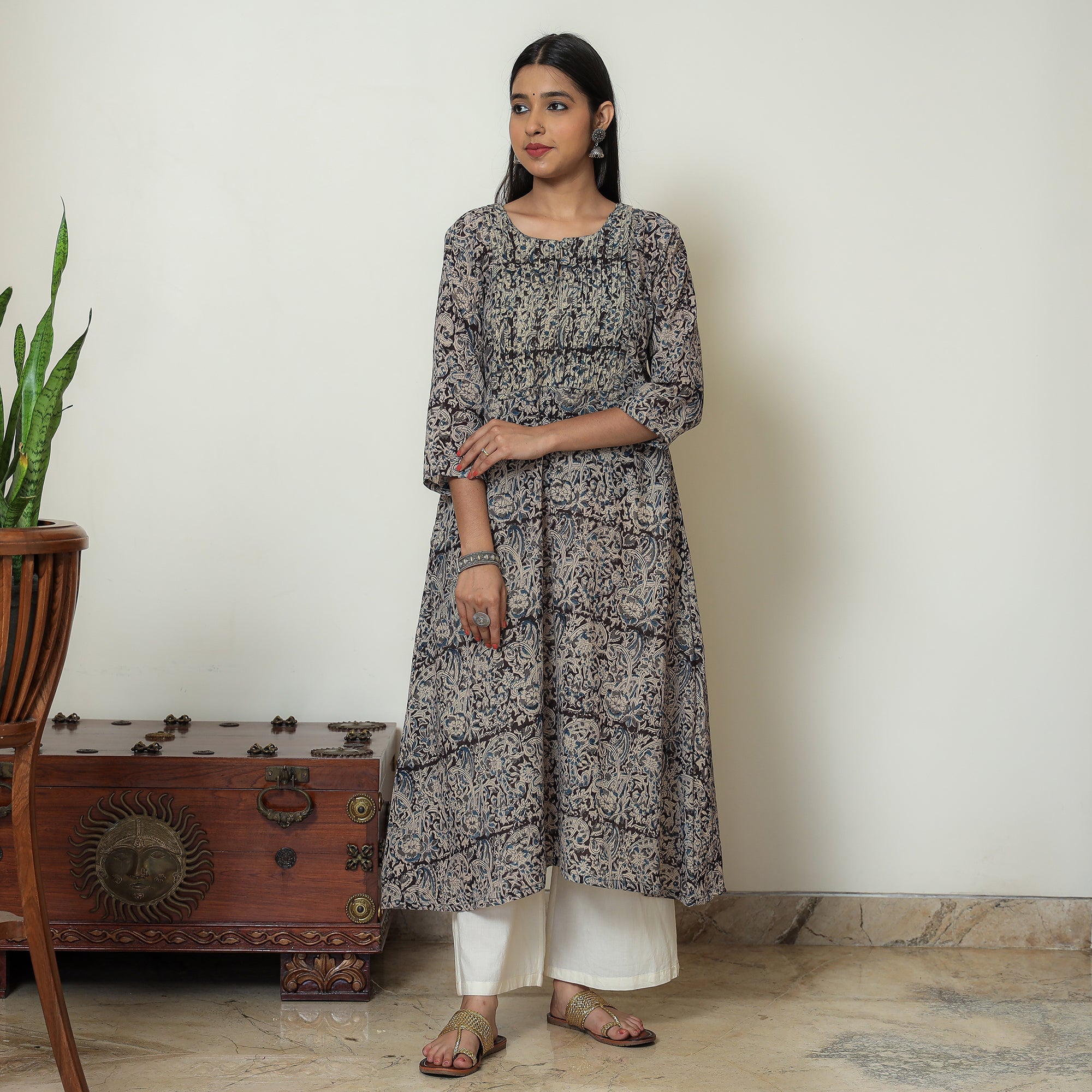 ITOKRI CASUALS Black - Kalamkari Hand Block Printed Mul Cotton Pintuck A-Line Kurta 05 - view 2
