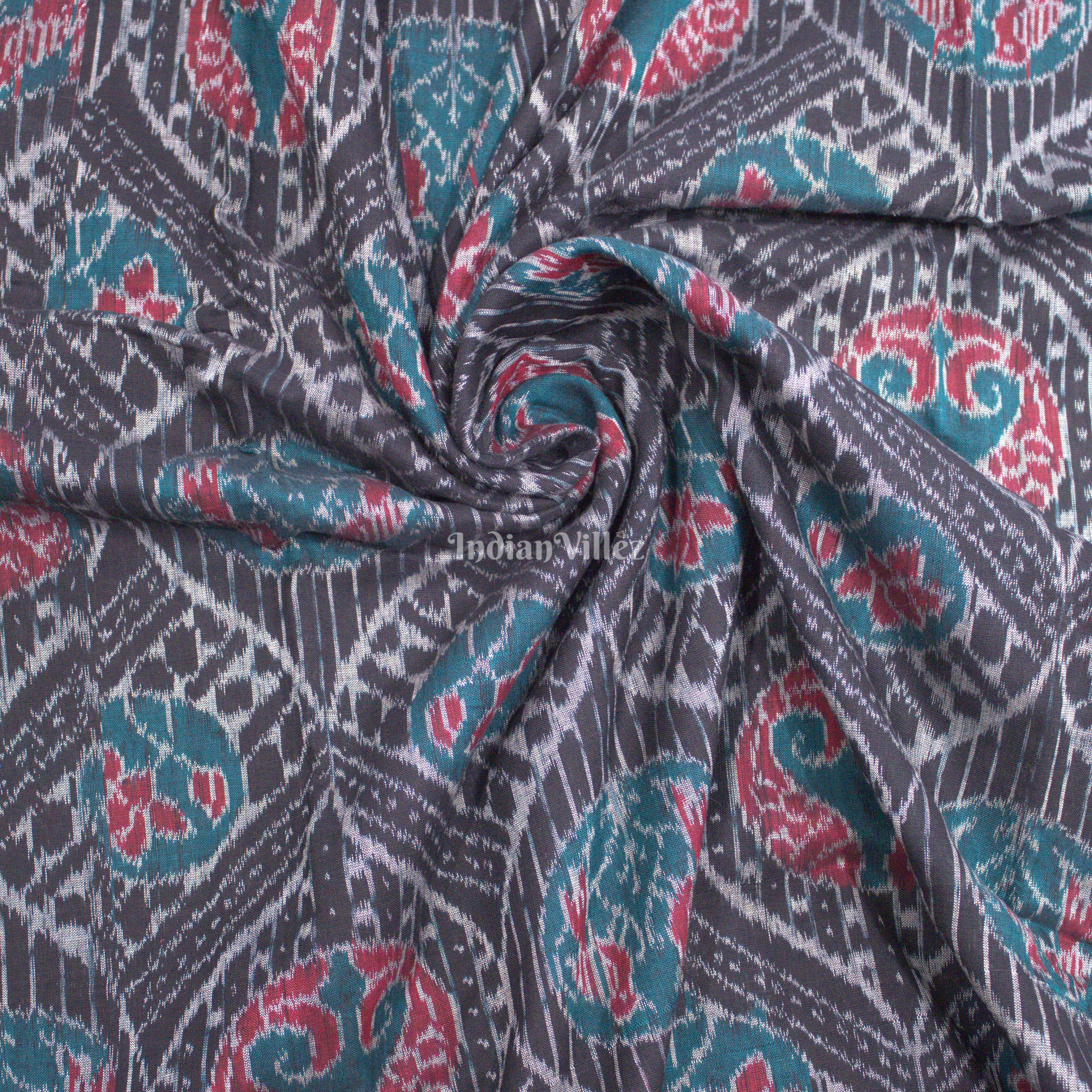 IndianVillèz Black With Spiral Fish Motif Sambalpuri Ikat Cotton Fabric