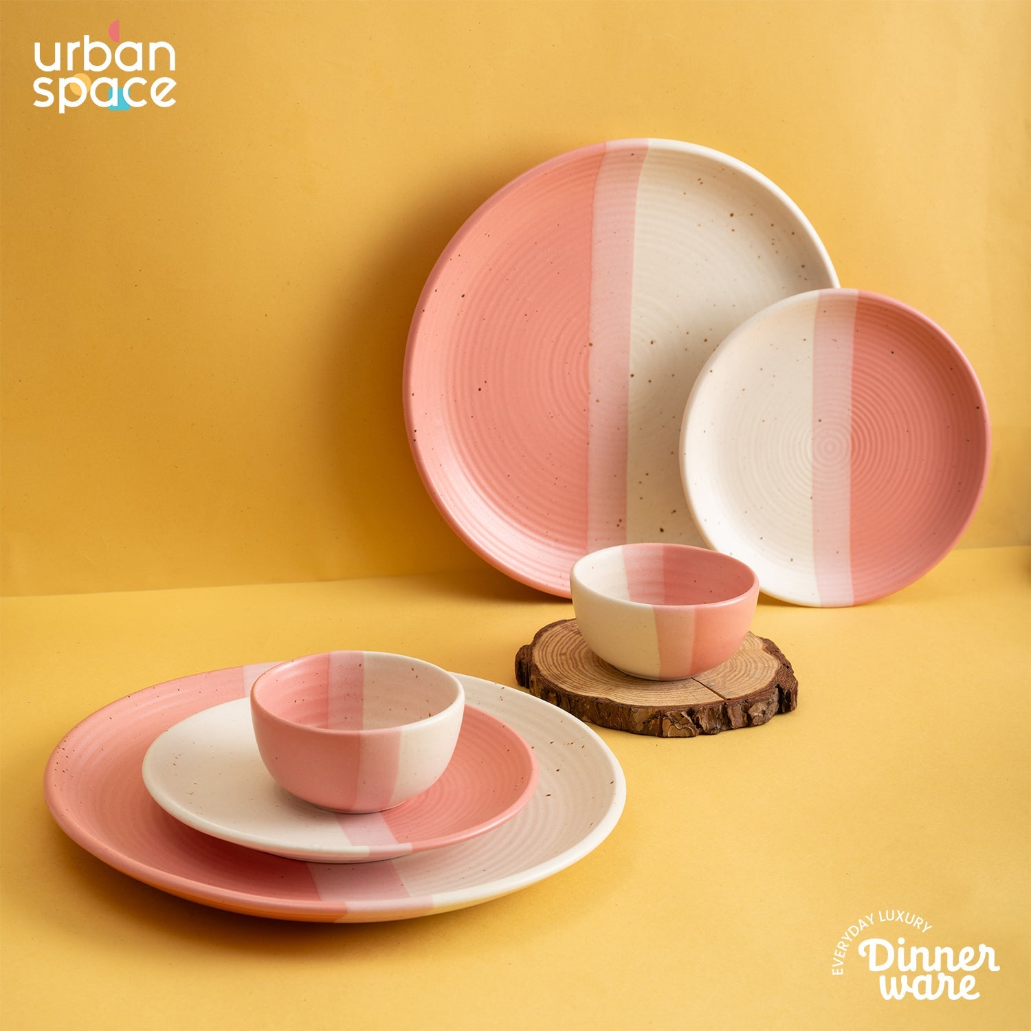 Urban Space Home Furnishing Handmade Ceramic Full dinner set for 2, 2 pieces each of dinner plate, quarter plate and katori bowls, Set of 6, Pink Pear - view 2