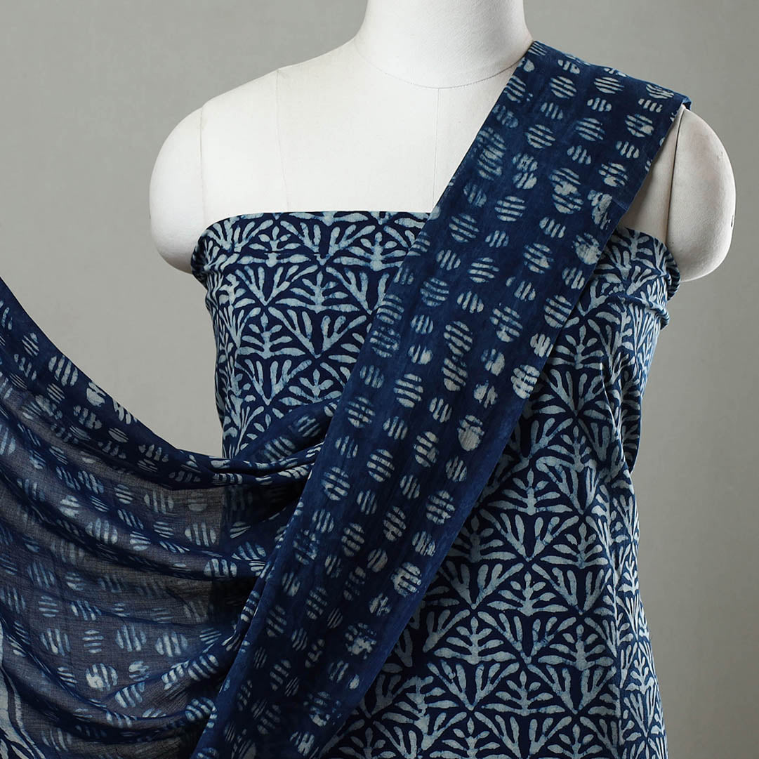 ARTISAN HAND BLOCK PRINTS Blue - 3pc Cotton Indigo Bagru Print Dress Material Set 08 - view 3