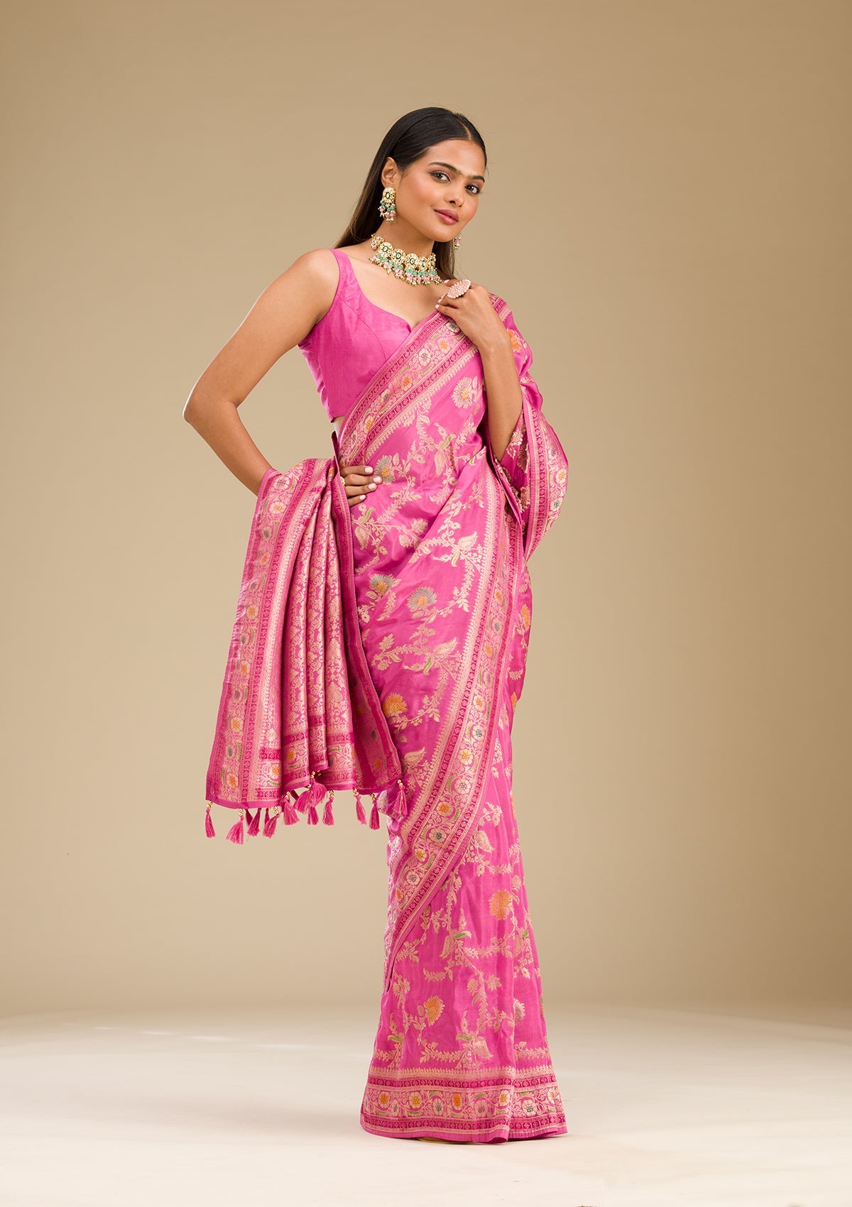 Koskii Pink Zariwork Banarasi Silk Saree – Women's