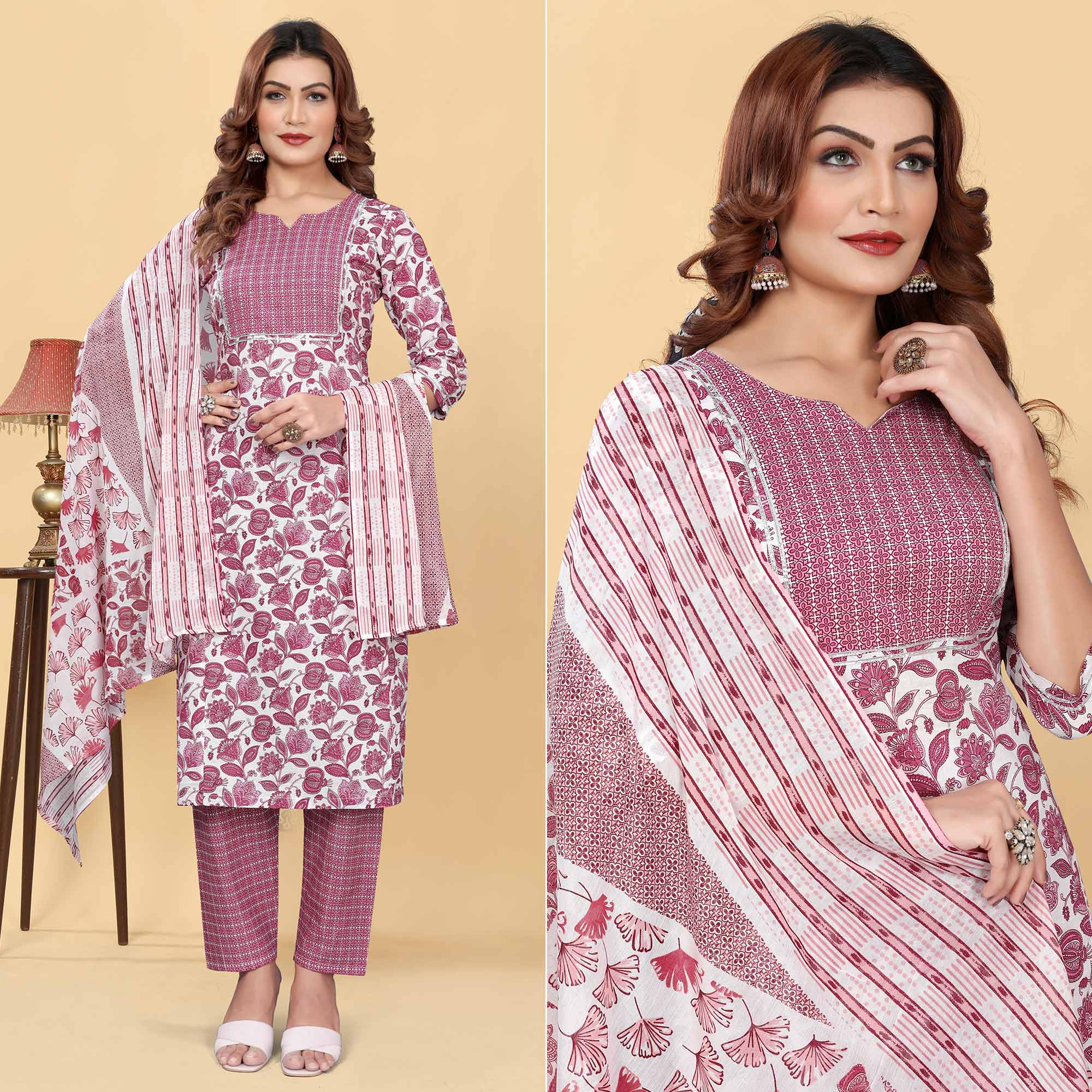 Peachmode Seller Light Wine Floral Printed Cotton Blend Salwar Suit