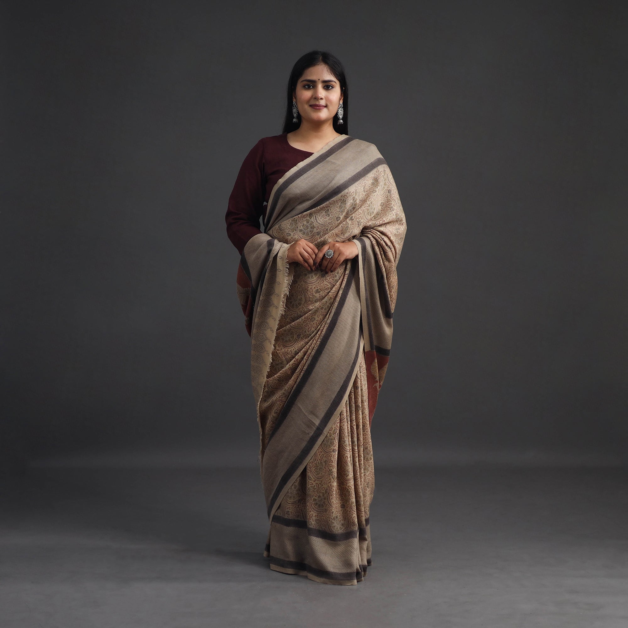 PITCHUKA SRINIVAS KALAMKARI PEDANA Beige - Pedana Block Print Merino Wool Kalamkari Saree 03