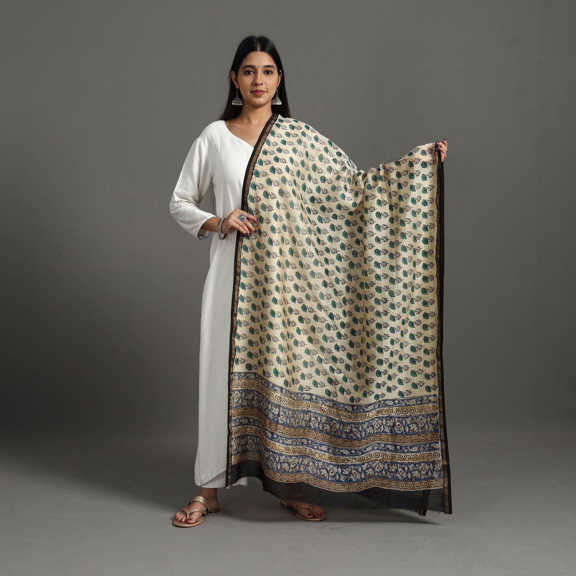 ARTISAN HAND BLOCK PRINTS Beige - Block Printed Chanderi Silk Sanganeri Dupatta 01