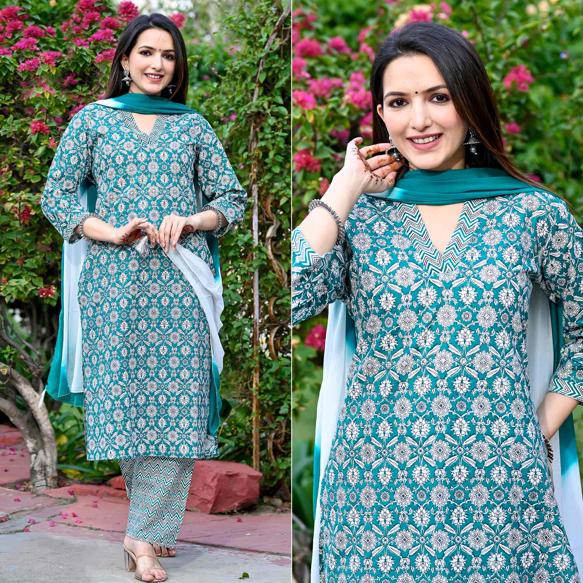 Green salwar suits – BlackTree green-floral-printed-pure-cotton-salwar-suit-1