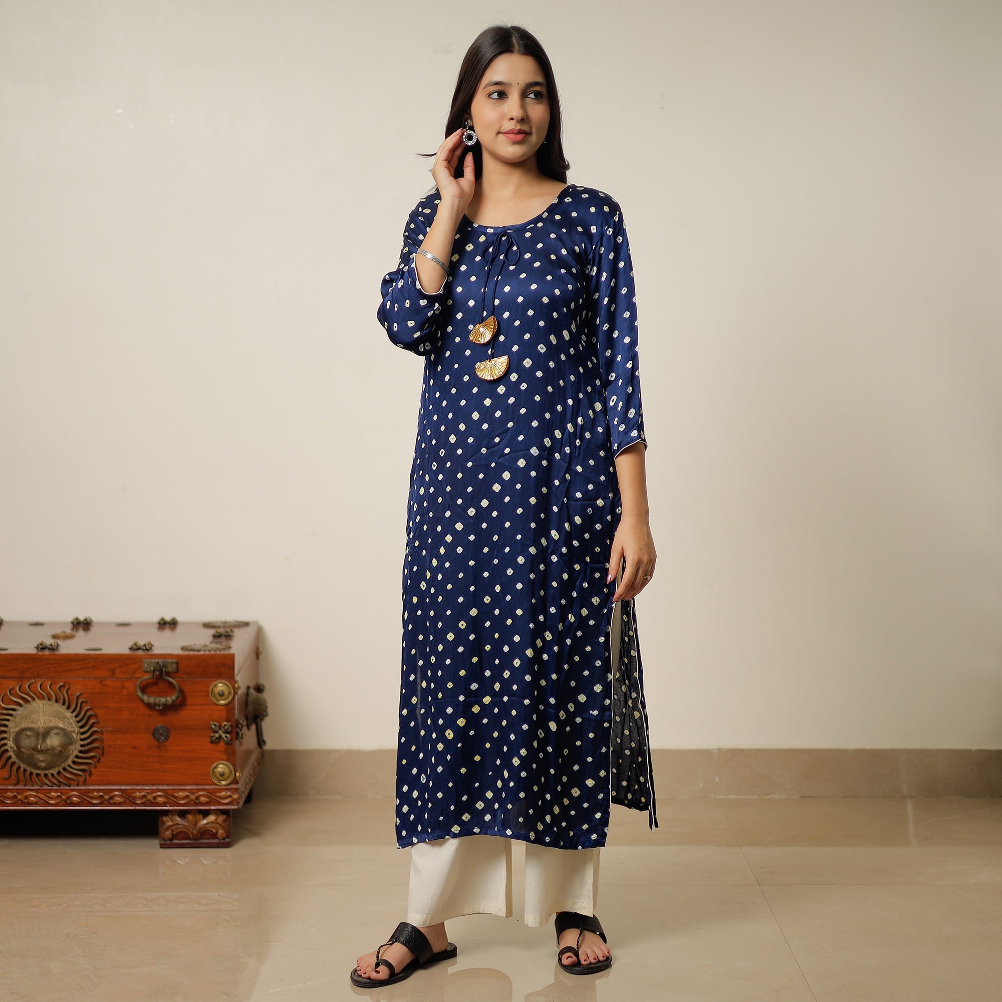 ITOKRI CASUALS Blue - Bandhani Tie-dye Modal Silk Long Straight Kurta 12 - view 2