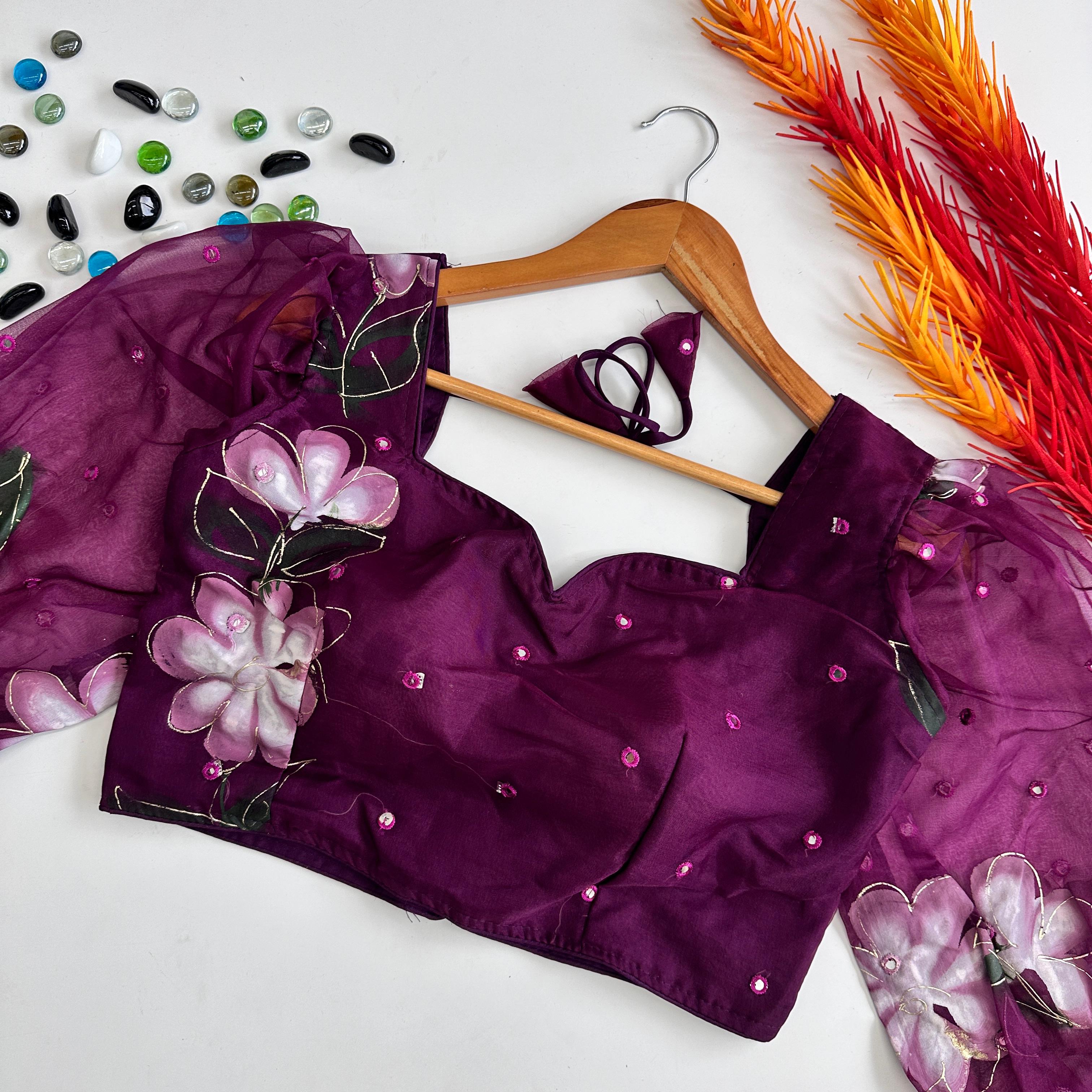 ClothsVilla Dark Purple Hand-Painted Organza Silk Blouse with Embroidery Accents - view 2