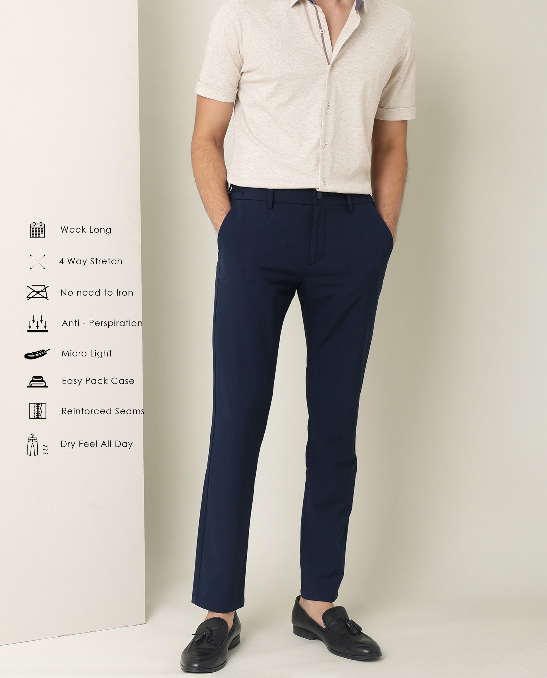 ARTICALE Rare Rabbit Men's Traverse Navy Solid Mid-Rise Regular Fit Stretch Trouser