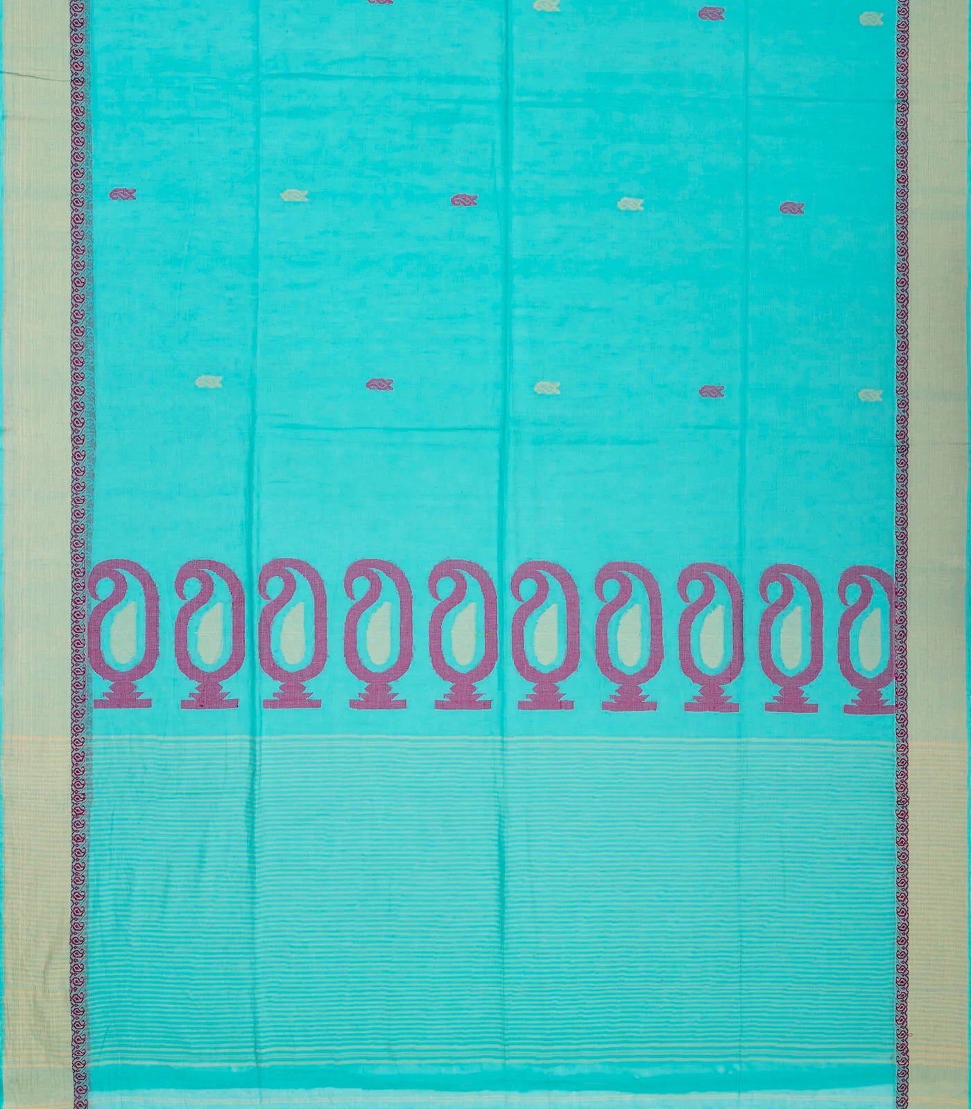 RmKV Turquoise Handloom Bengal Cotton Saree With Mango Buttas - view 2