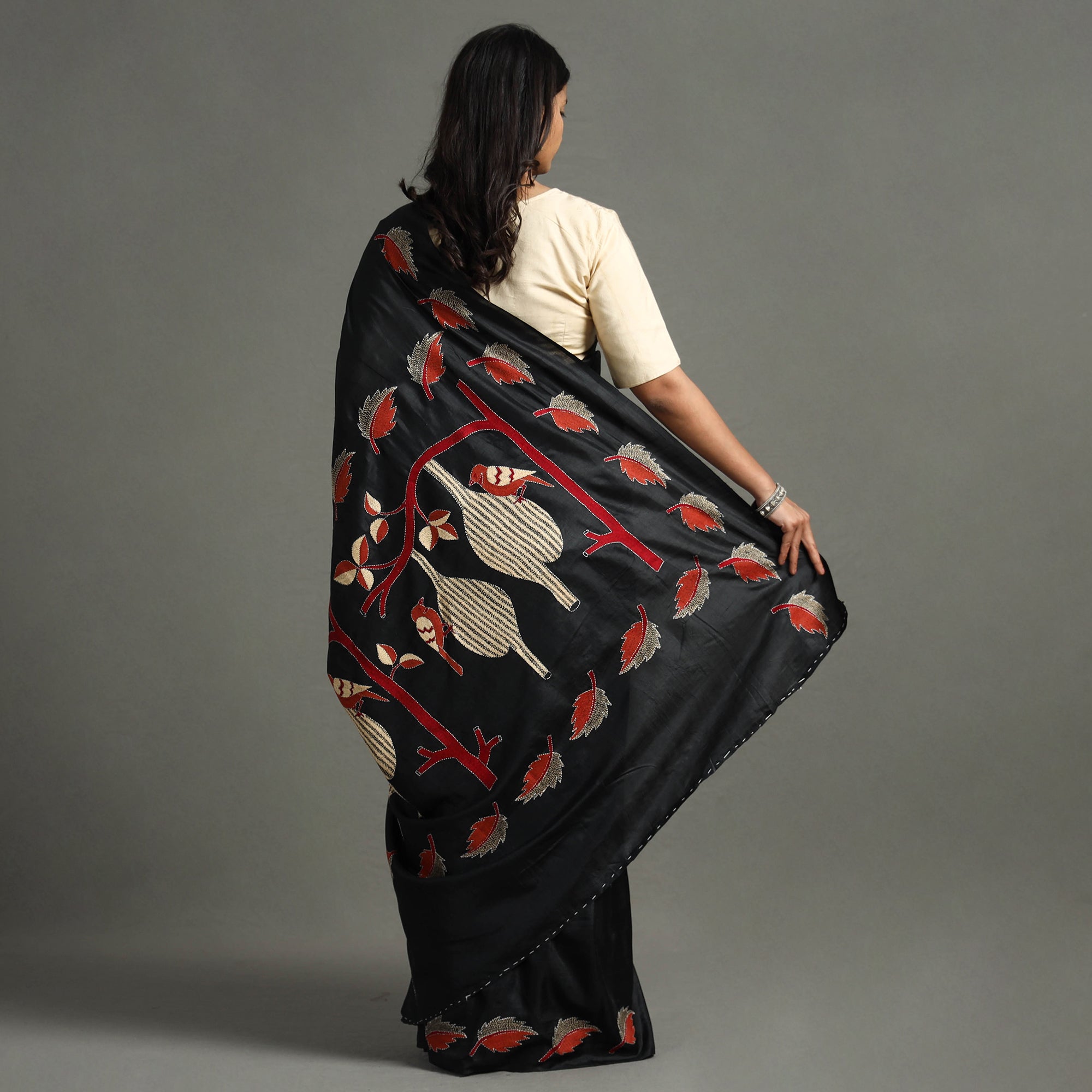 KHUSHBASH - HAPPY LOOM OF EAST Black - Bengal Kantha Embroidery Handloom Banarasi Silk Saree - view 8