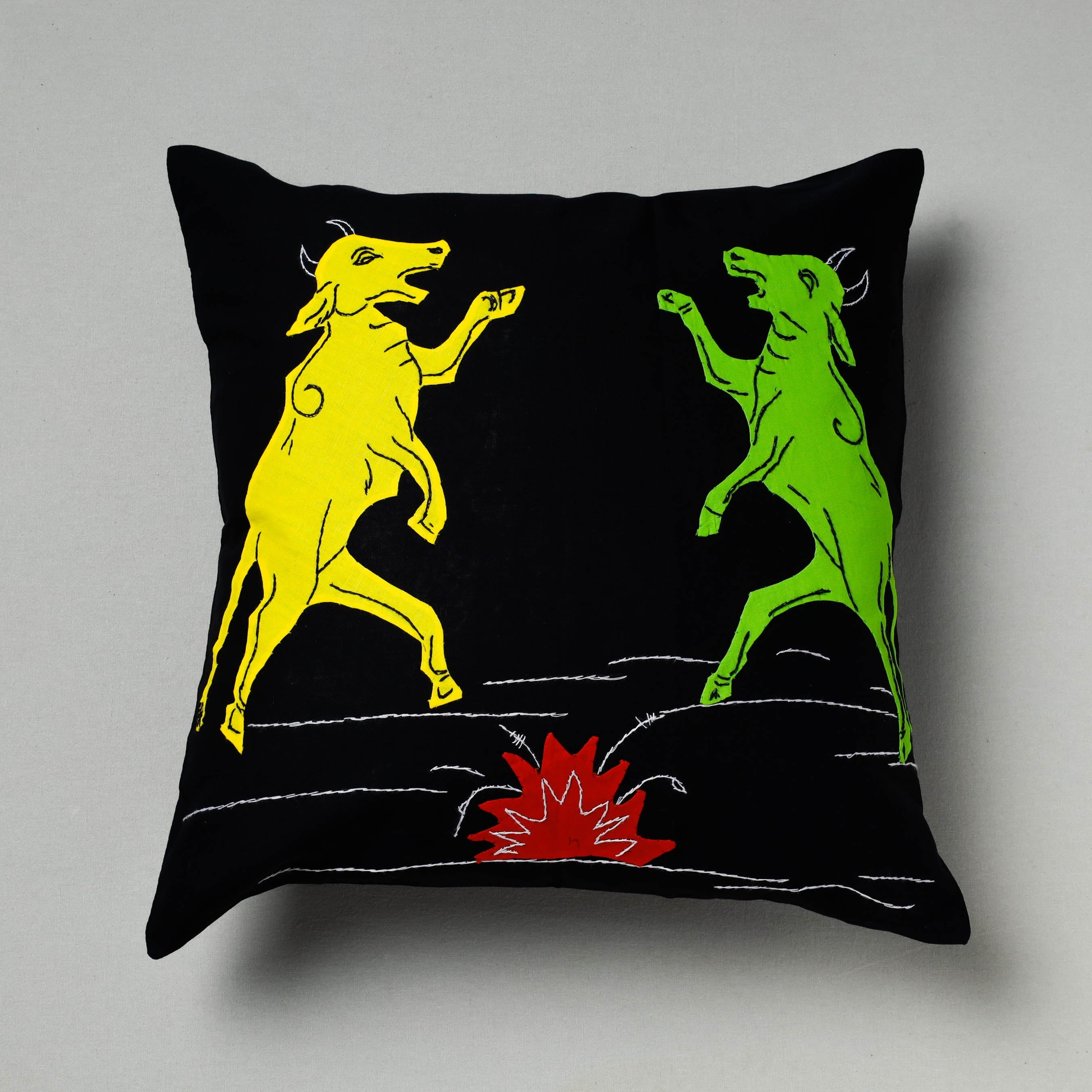 ASHOKA ASSEMBLE - CELEBRATING CRAFTS OF ODISHA Black - Pipli Applique Work Cotton Cushion Cover (16 x 16 in)