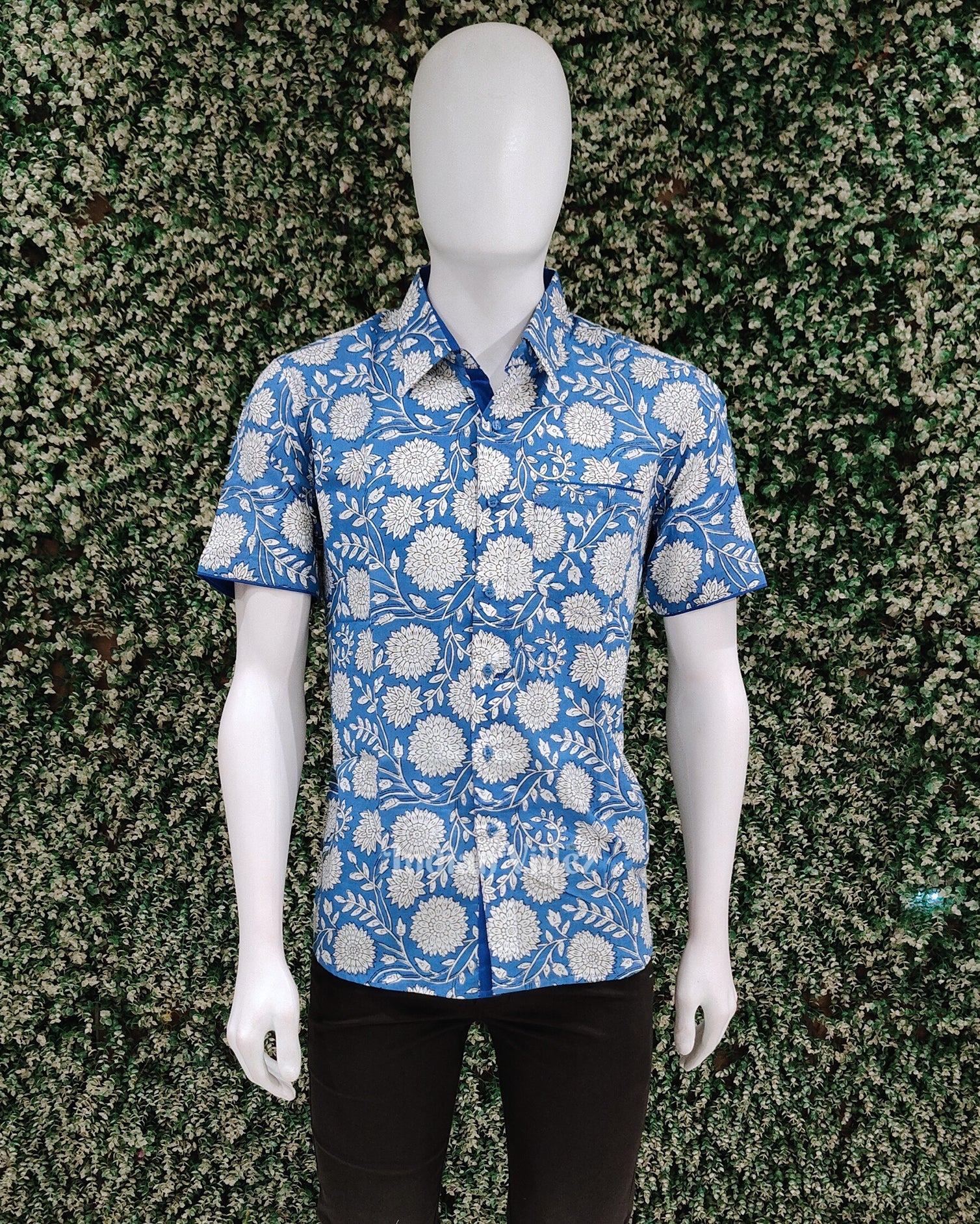 IndianVillèz Navy Blue With White Flower Cotton Block Printed Half Sleeve Shirt for Men