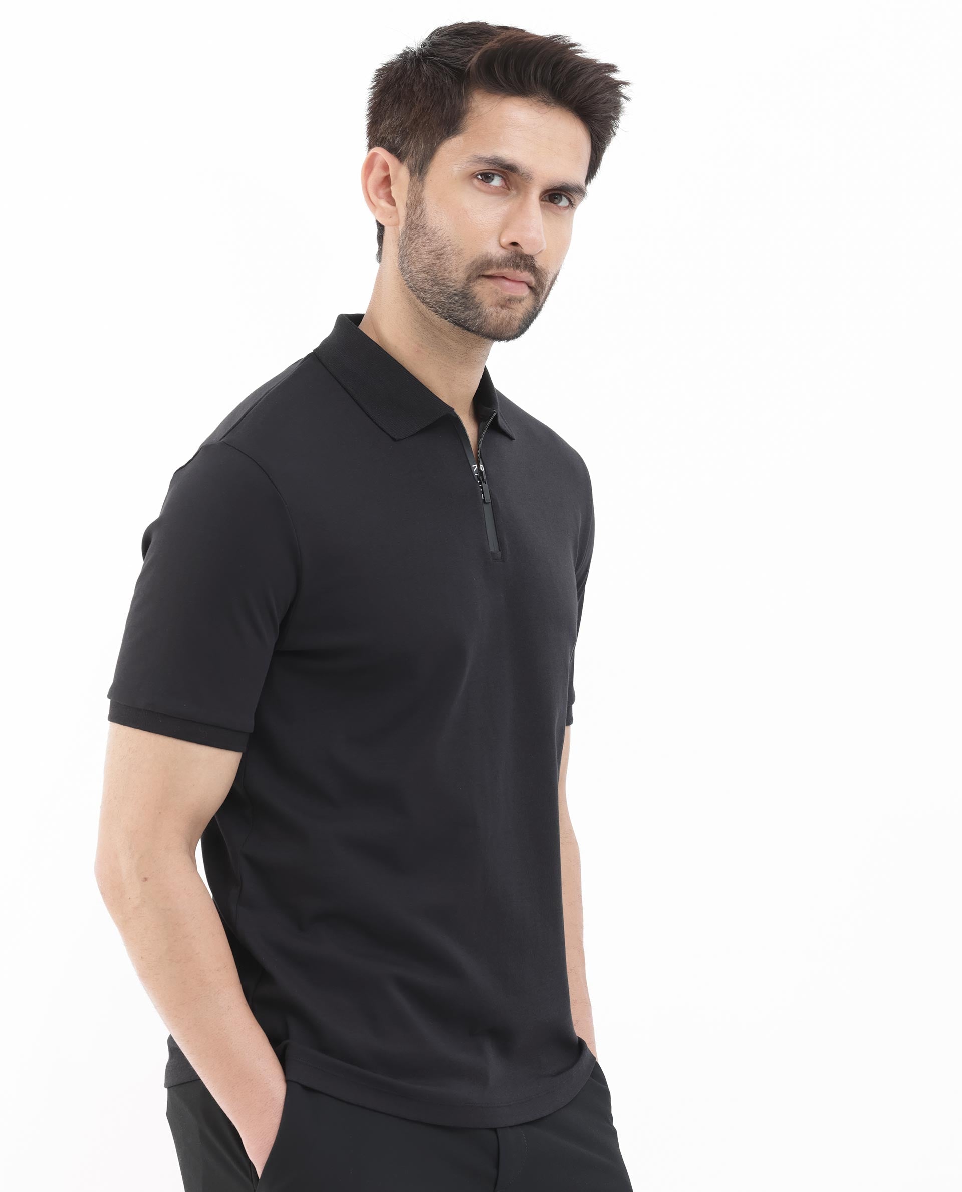 Rare Rabbit Men's Holit Black Half Sleeves Button Closure Solid Polo T-Shirt - view 7