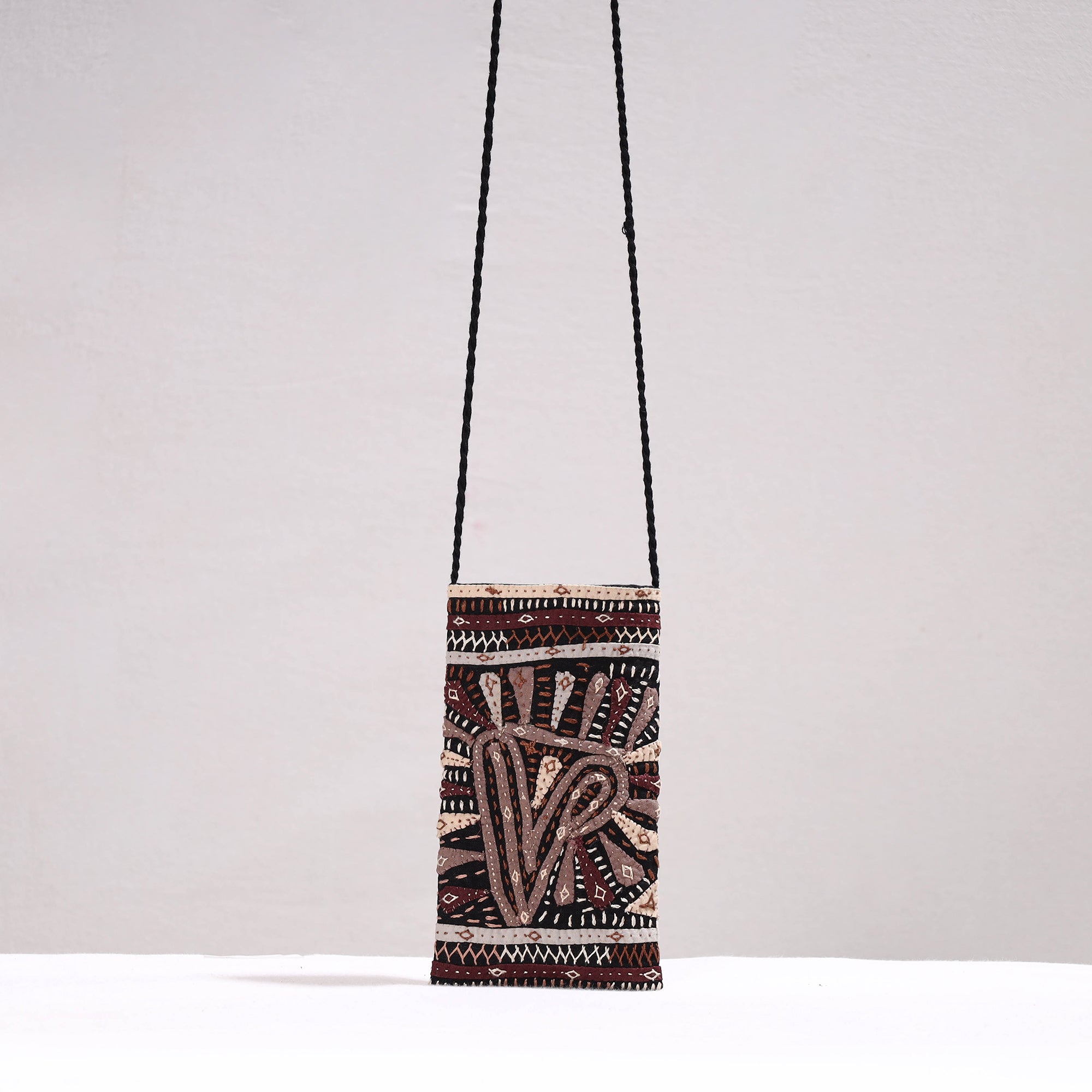 QASAB Black - Kutch Dhebariya Qatab Hand Embroidery Cotton Sling Dori Mobile Pouch