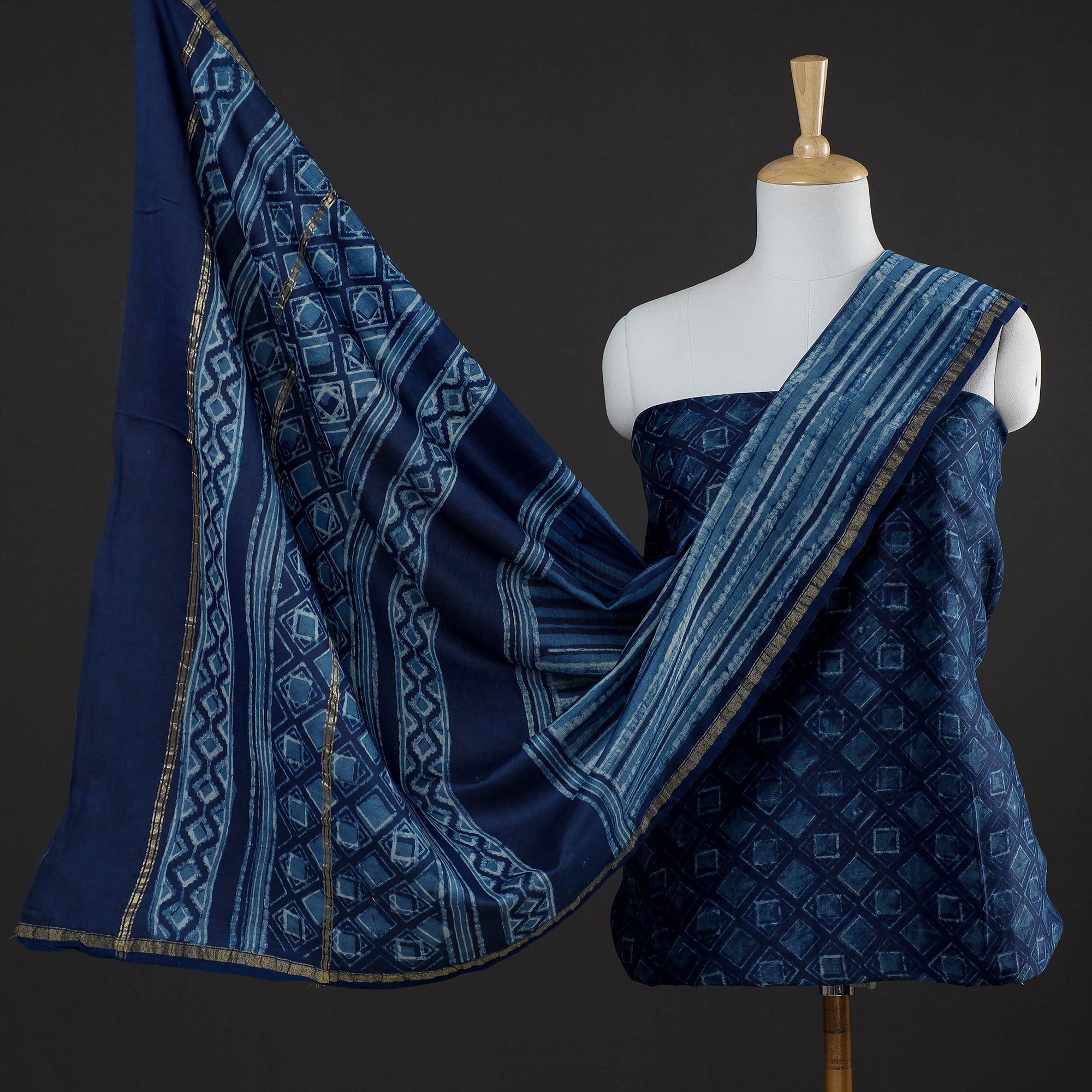 HAVELI CHRONICLES Blue - 3pc Akola Block Printed Chanderi Silk Suit Material Set