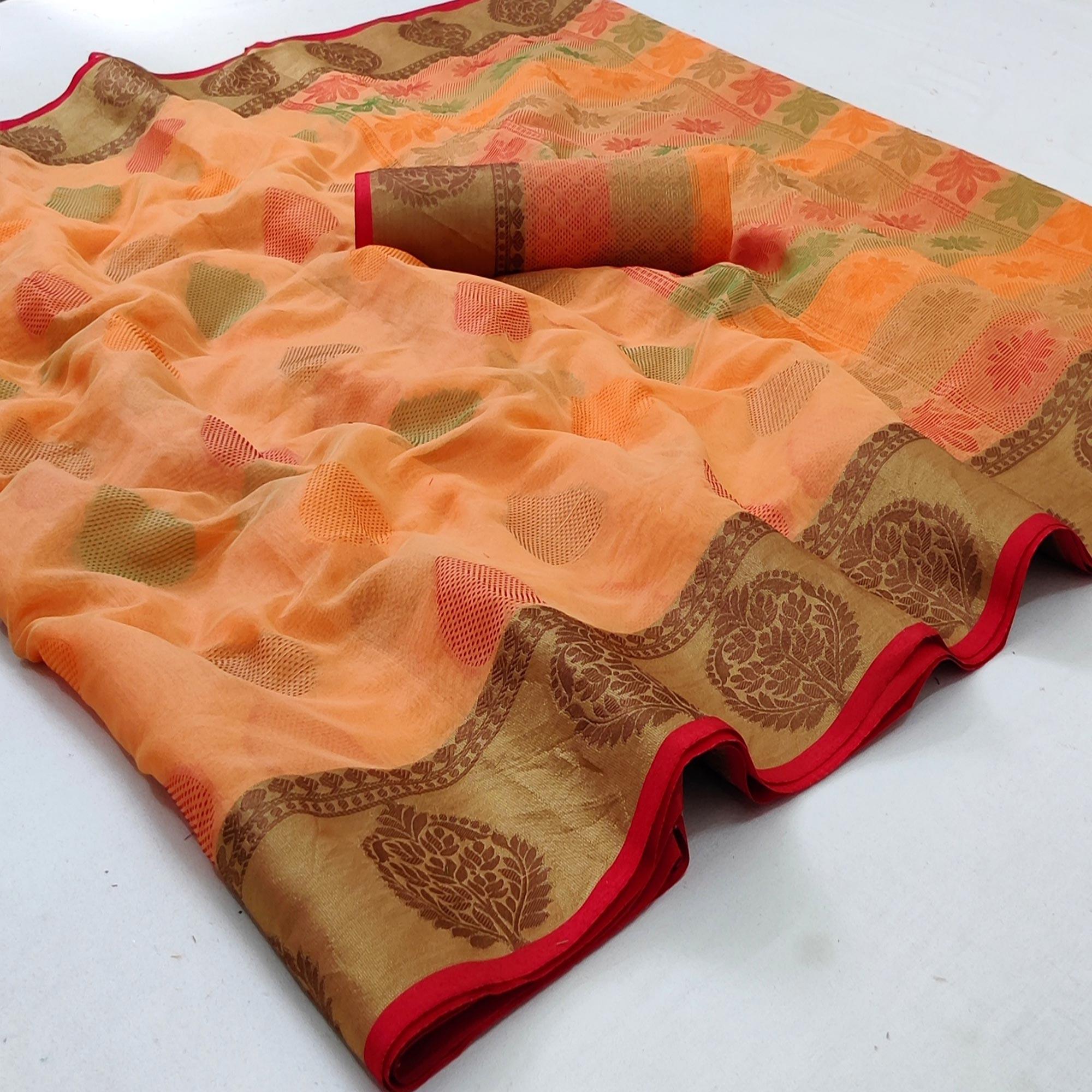 Peachmode Light Peach Festive Wear Woven Rich Pallu Organza Saree