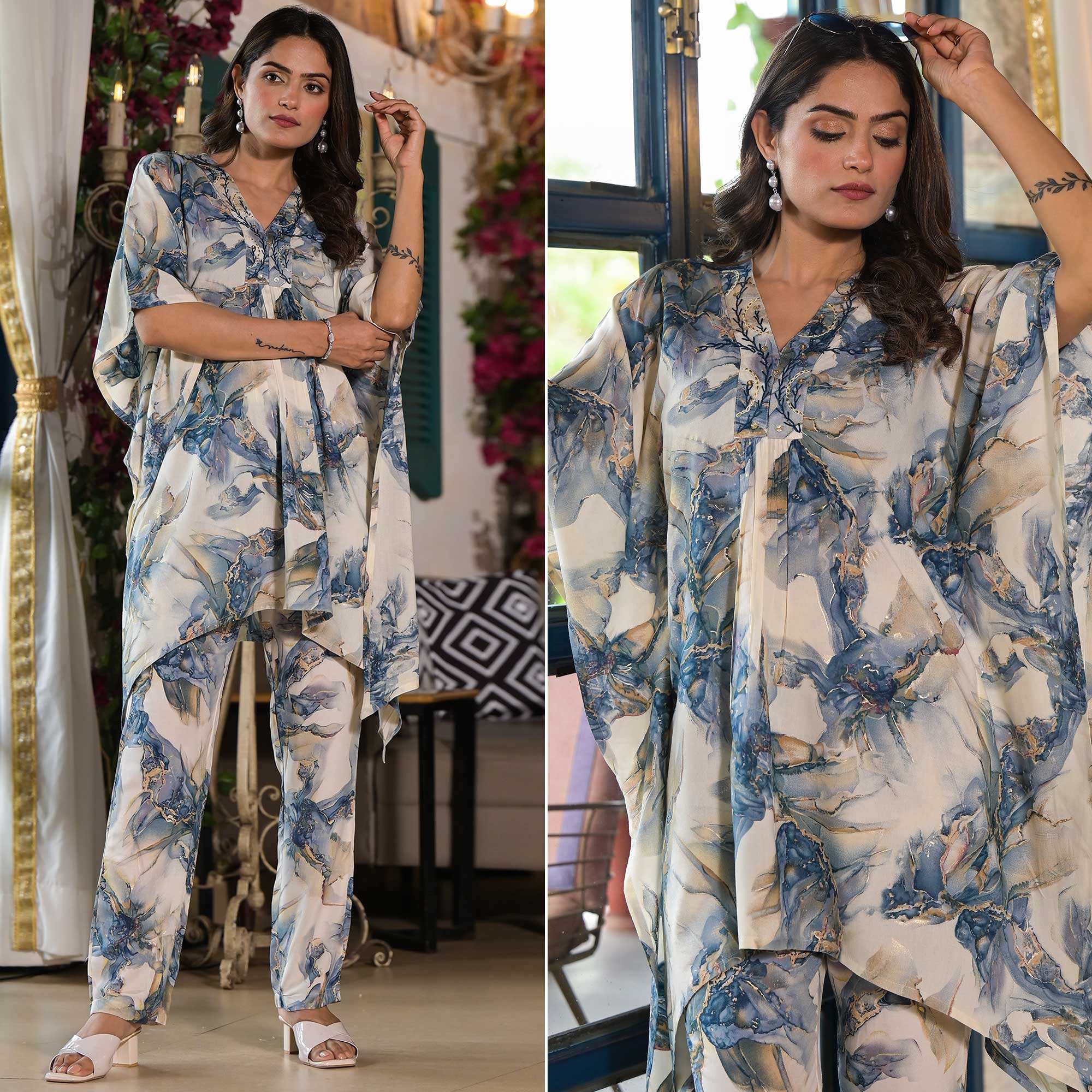 Grey kaftans – BlackTree grey-foil-printed-rayon-kaftan-co-ord-set