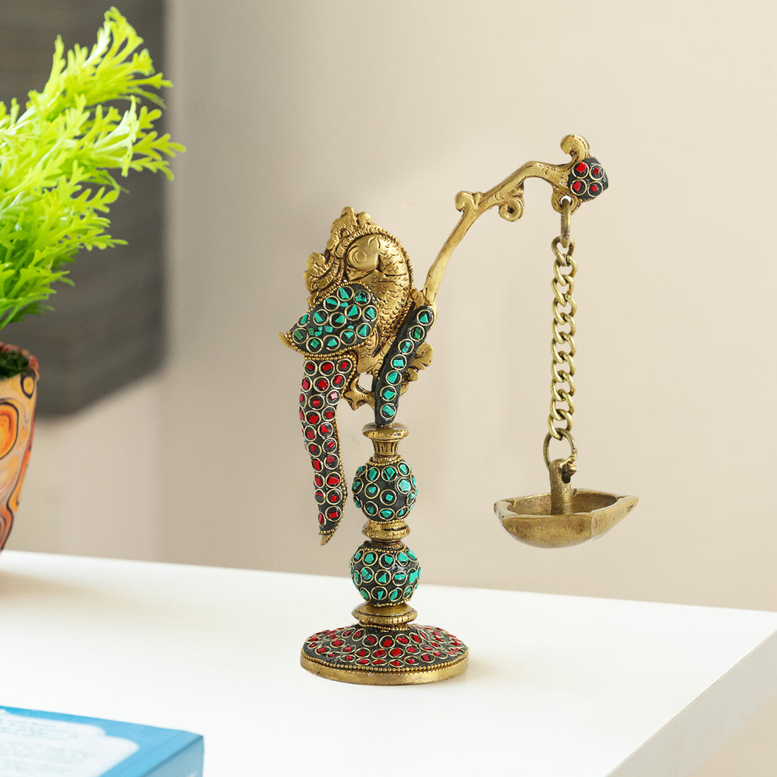 EXCLUSIVELANE 'Parrot' Decorative Table Hanging Brass Diya (5 Wicks, 0.6 Kg, Hand-Etched)