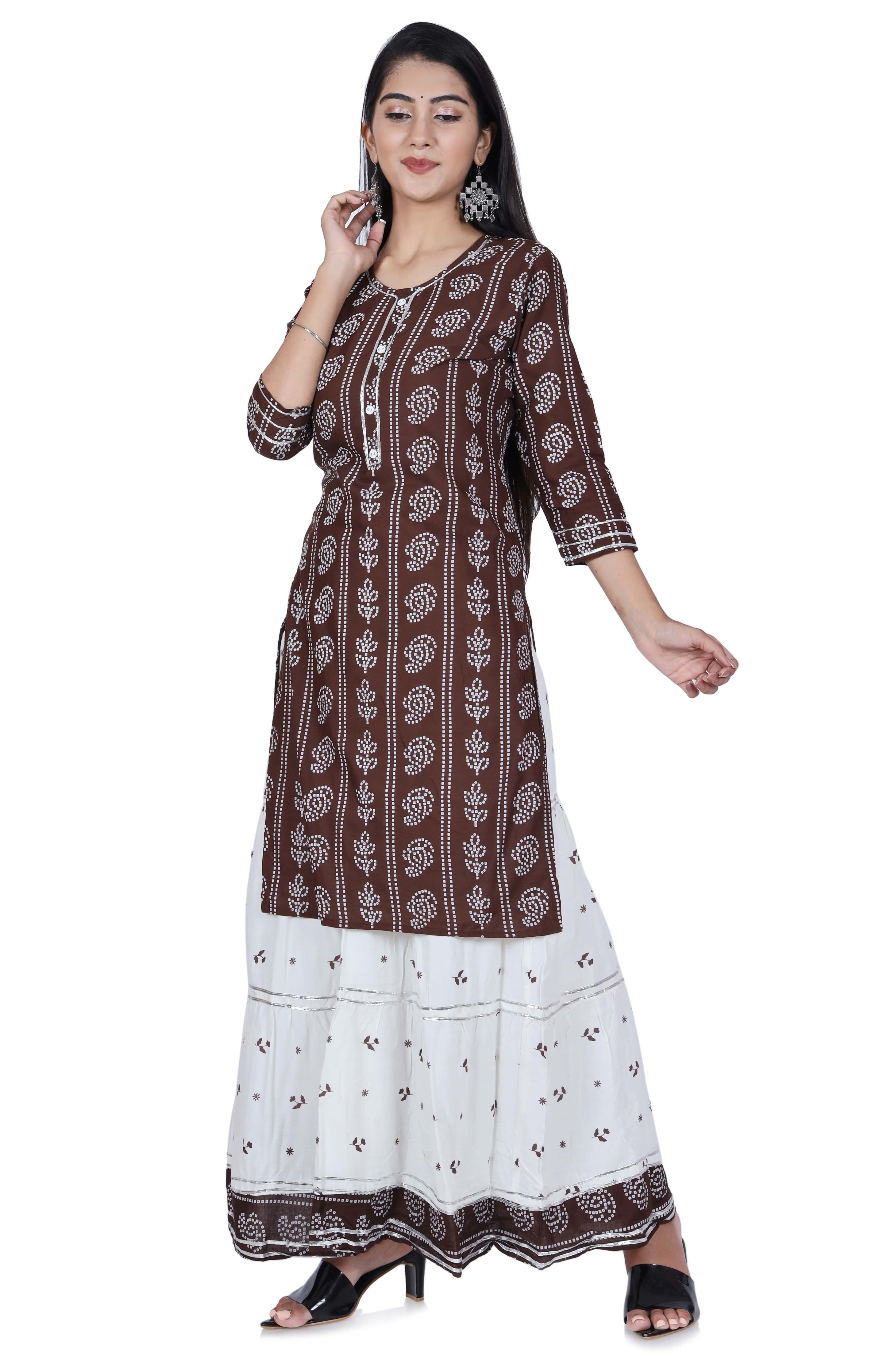 Fab Alchemy Brown Printed Cotton Kurta and Skirt Set - view 5