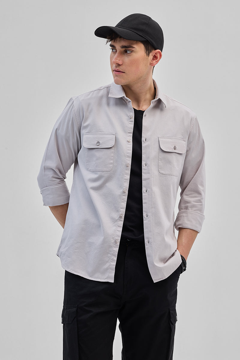 SNITCH Light Grey Solid Double Pocket Overshirt