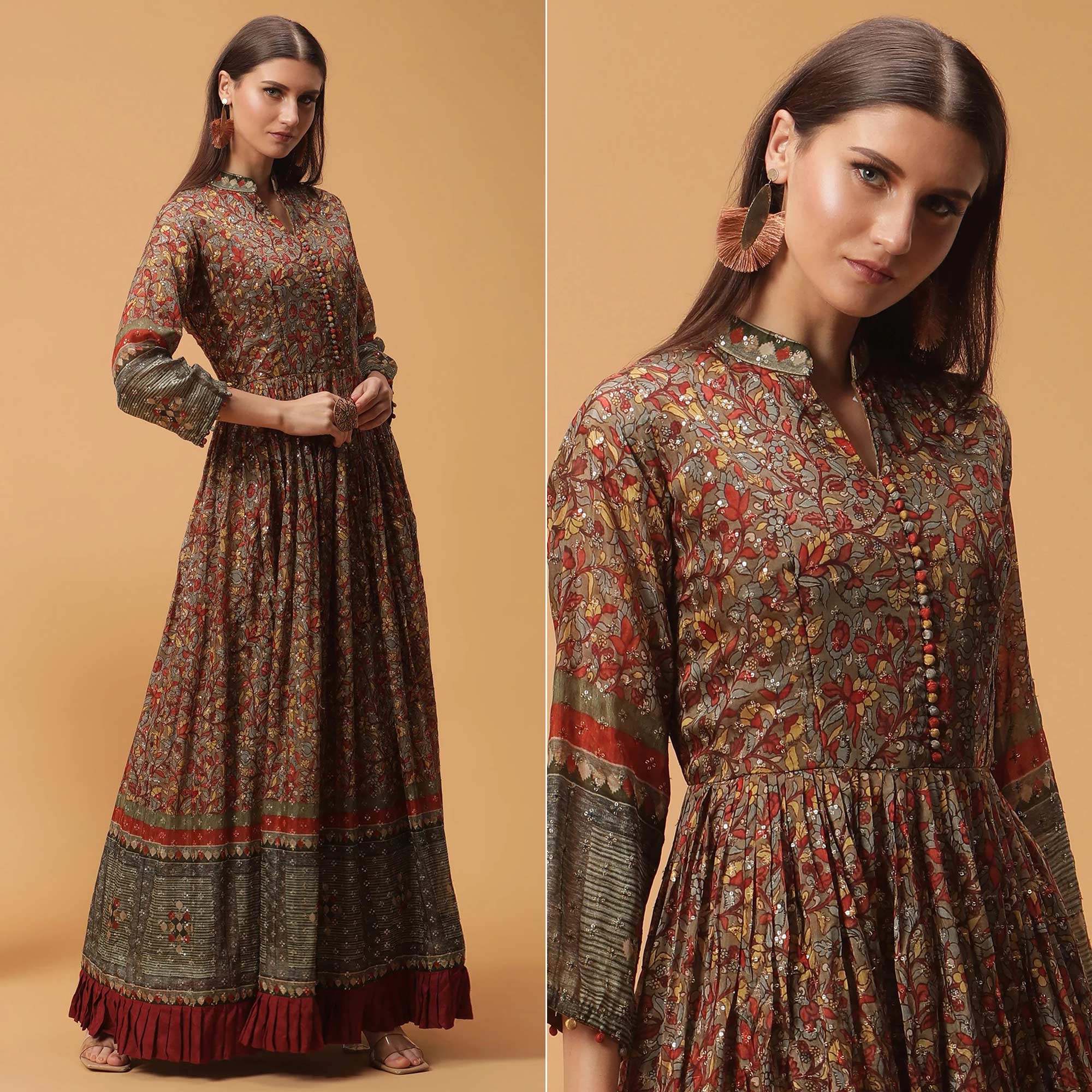Peachmode Seller Maroon Digital Printed Dola Silk Gown